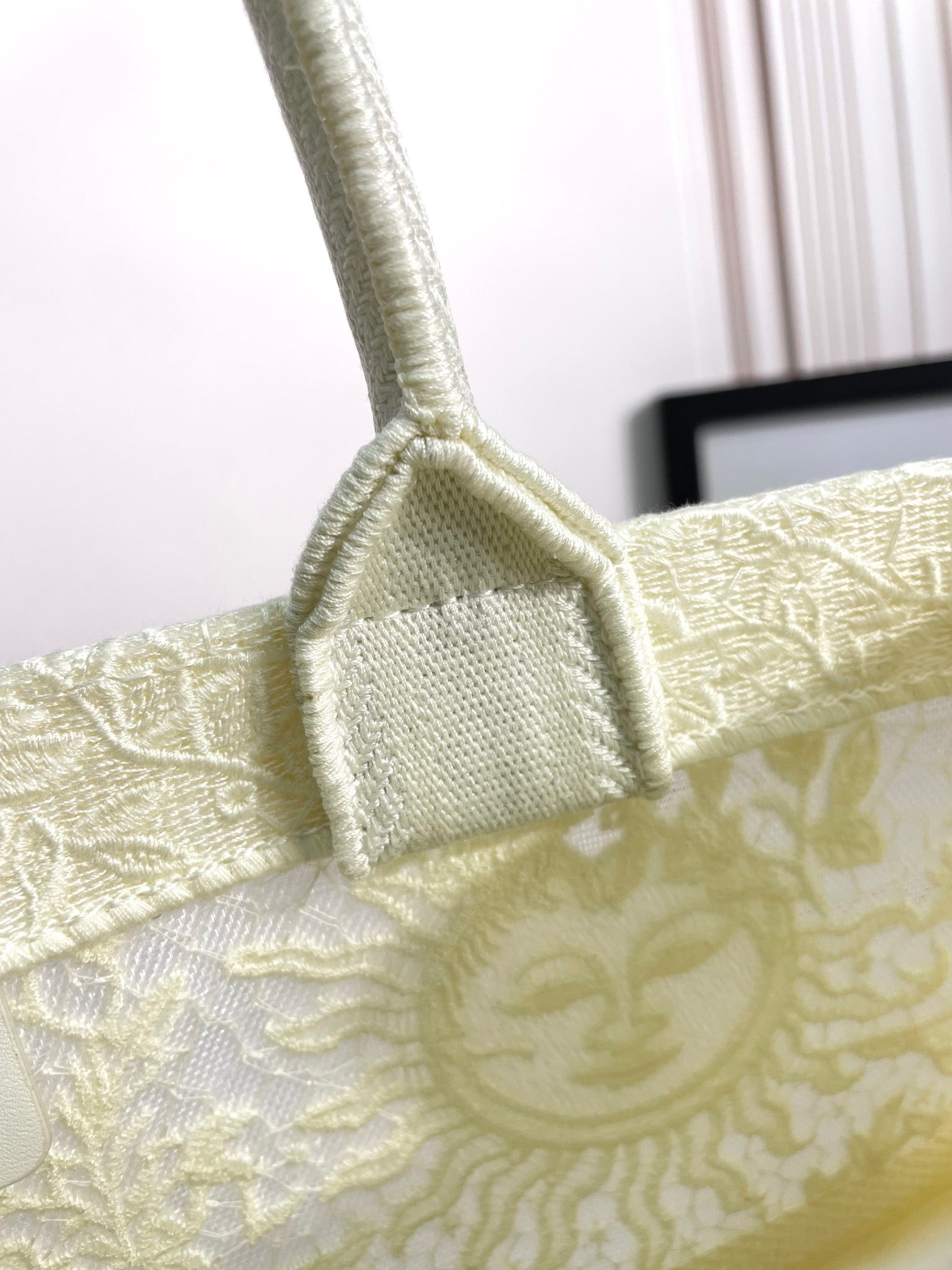 Dior Elegant Beige Embroidered Canvas Tote Bag with Top Handles