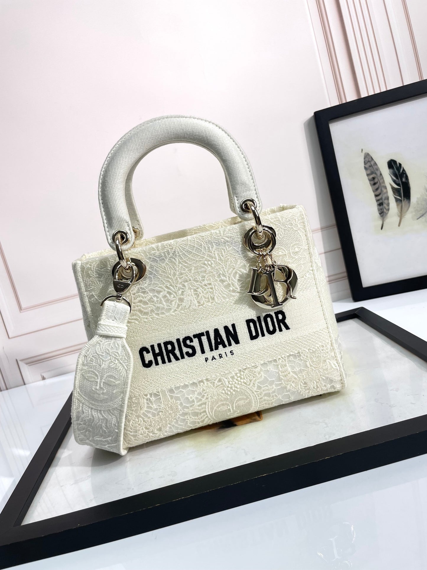 Dior Elegant White Canvas Top Handle Bag with Embroidered Logo Detail