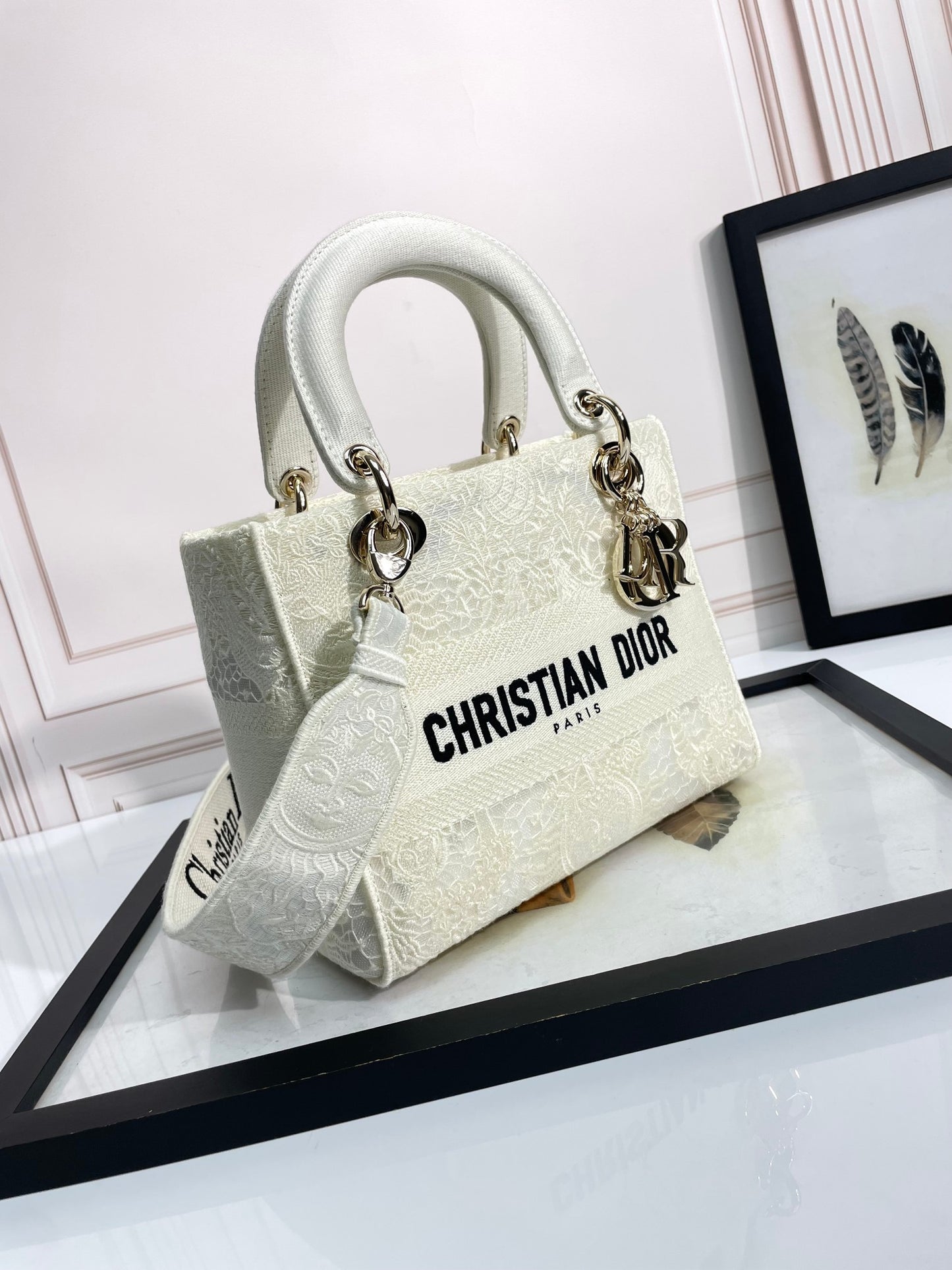 Dior Classic Off-White Embroidered Top Handle Bag with Shoulder Strap