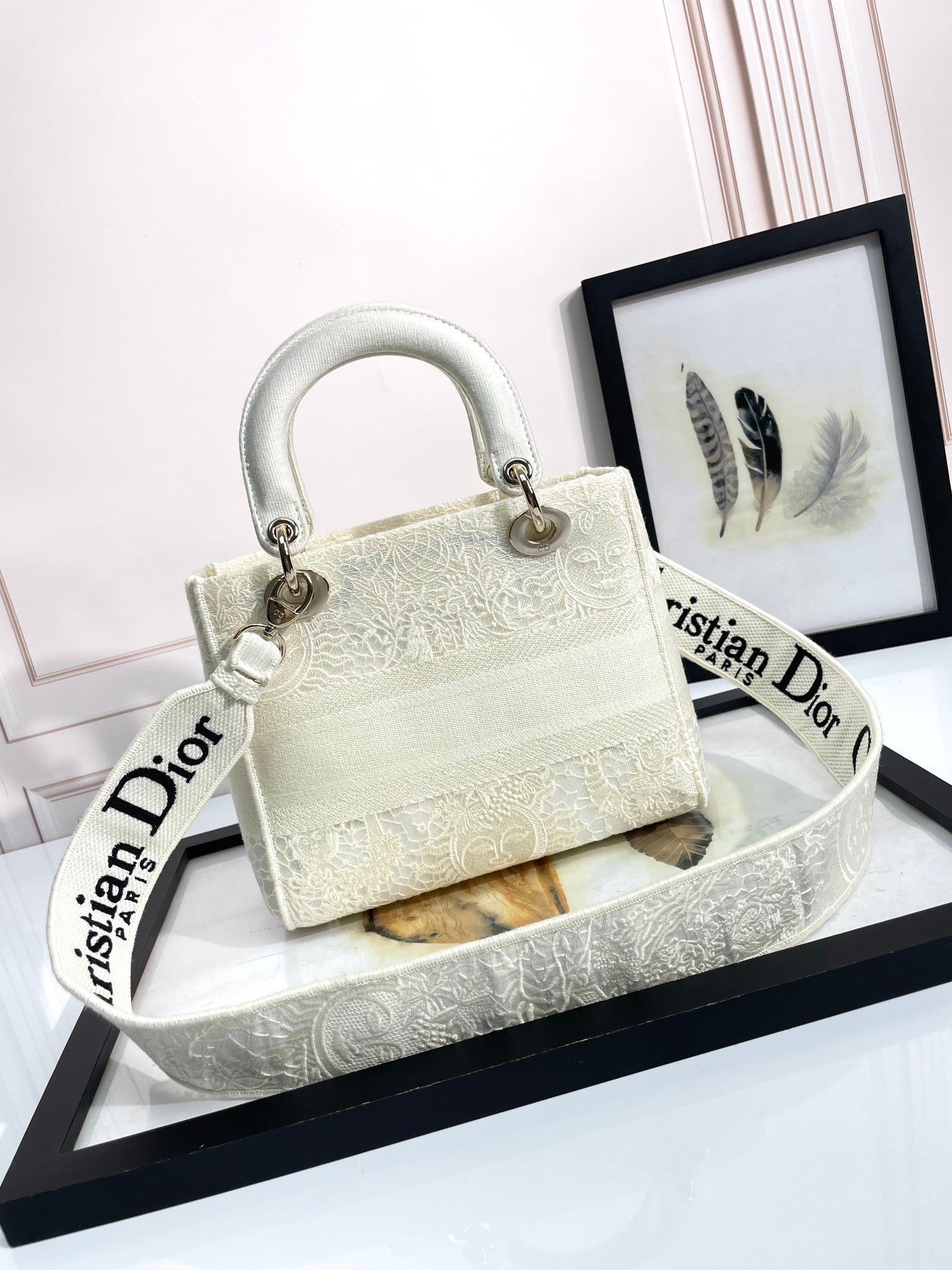 Dior Classic Off-White Embroidered Top Handle Bag with Shoulder Strap