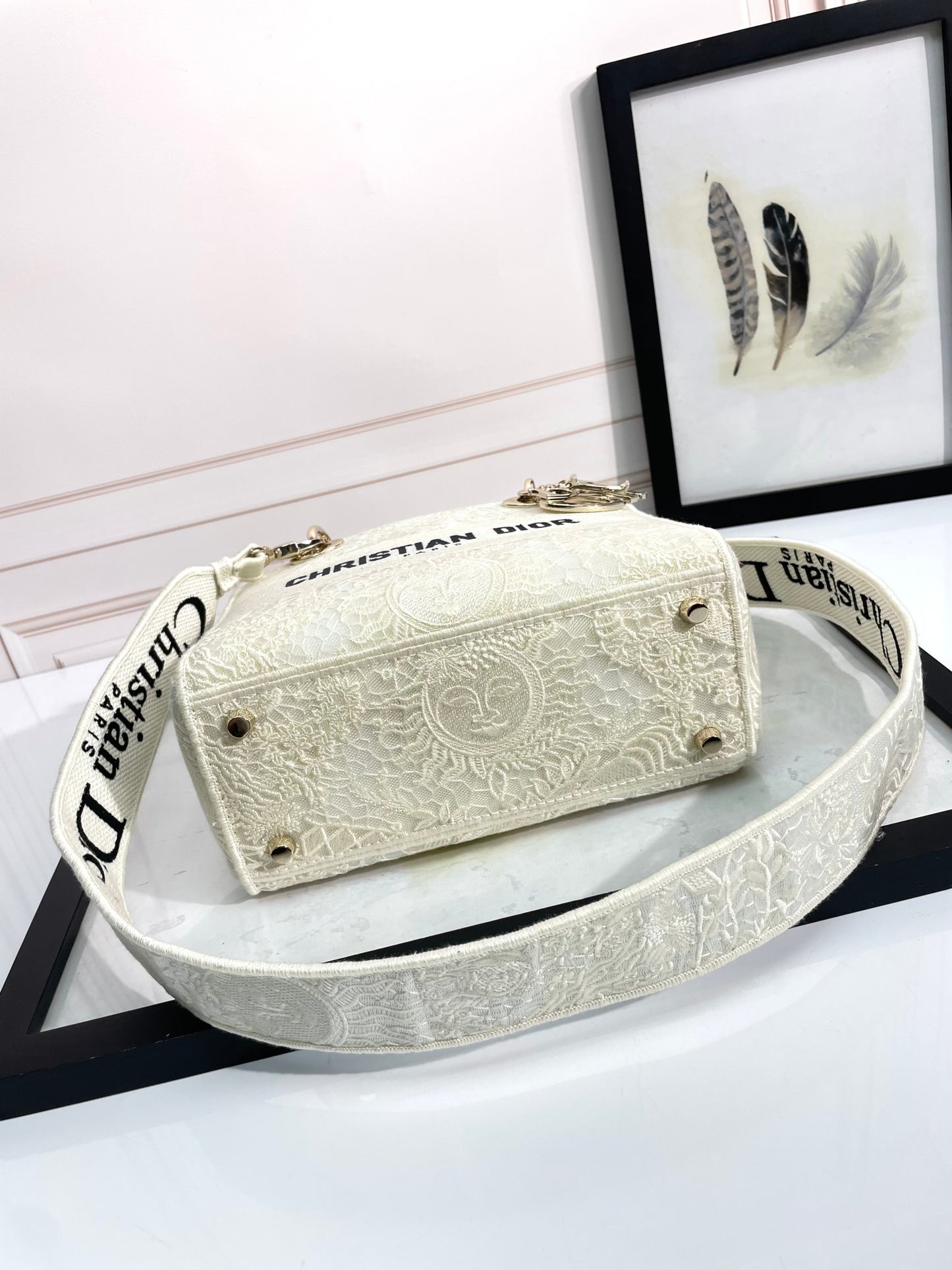 Dior Classic Off-White Embroidered Top Handle Bag with Shoulder Strap
