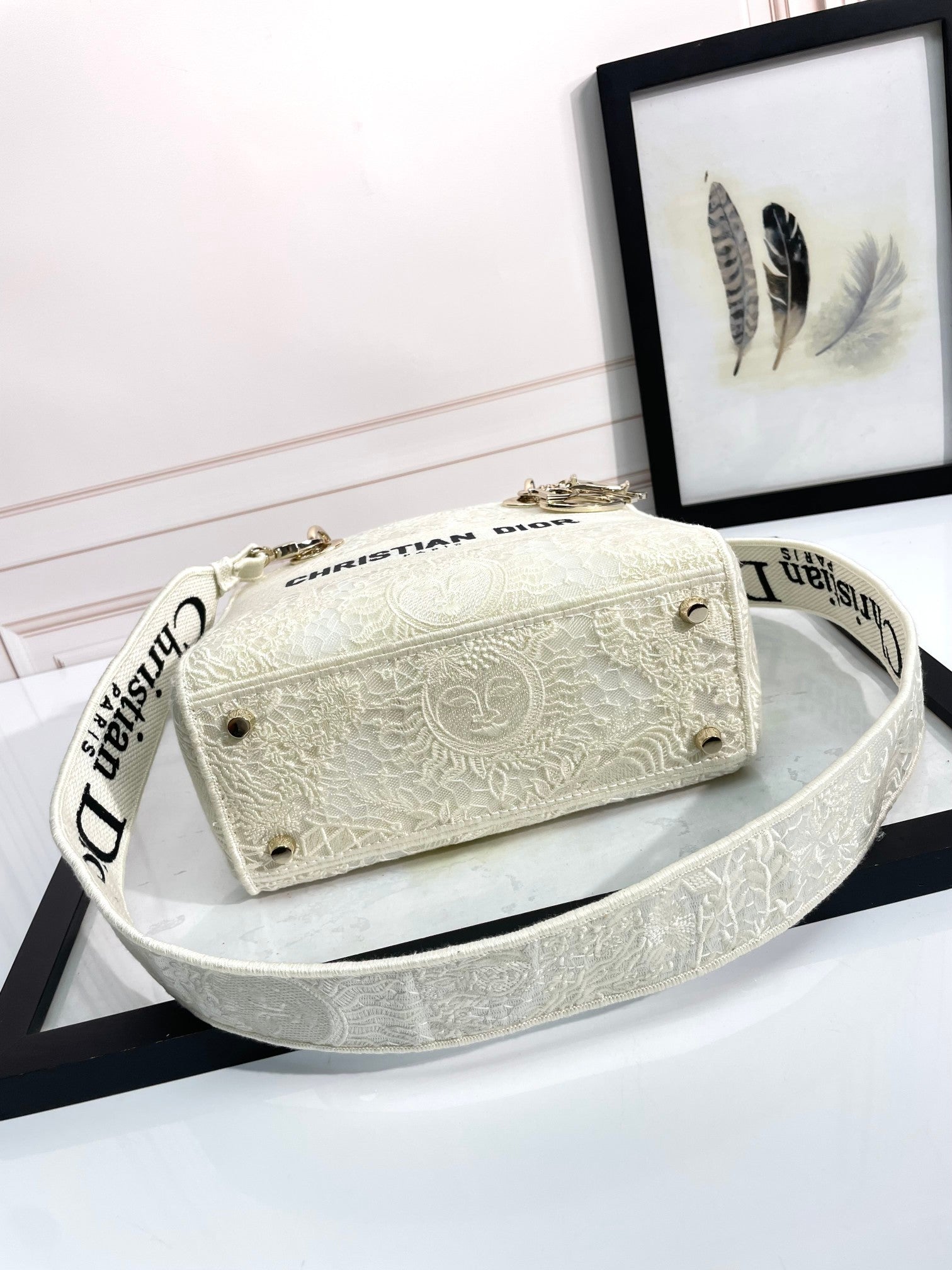 Dior Classic Off-White Embroidered Top Handle Bag with Shoulder Strap
