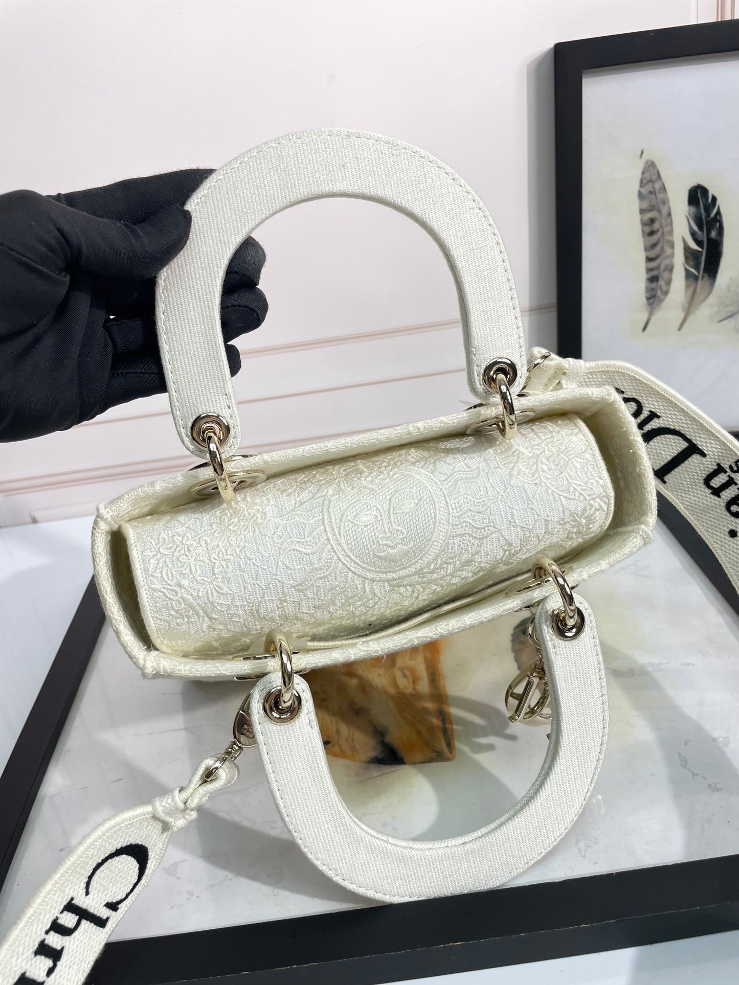 Dior Elegant White Canvas Top Handle Handbag with Detachable Shoulder Strap