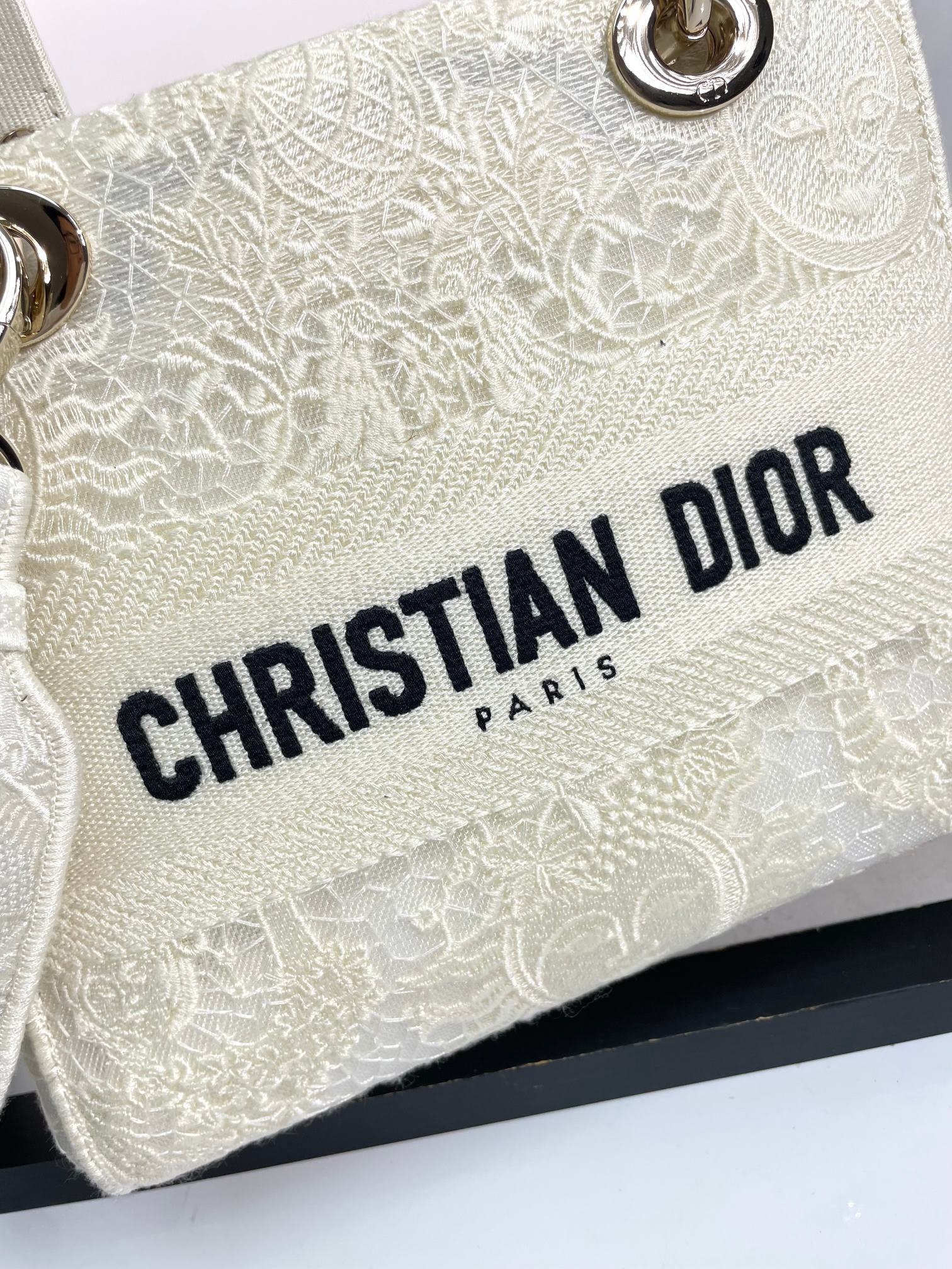 Dior Classic Off-White Embroidered Top Handle Bag with Shoulder Strap