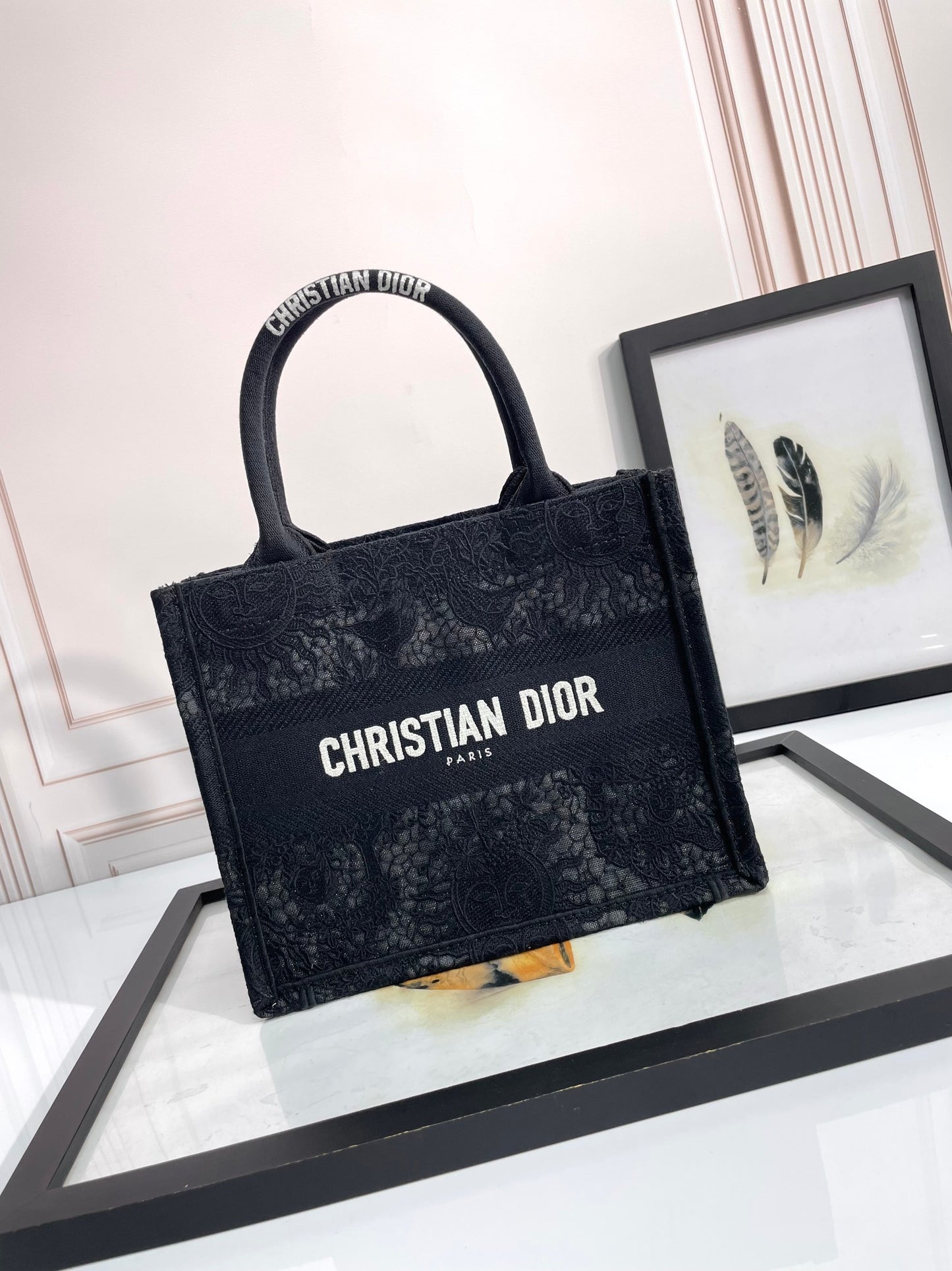 Dior Classic Black Embroidered Pattern Canvas Tote Bag with Top Handle