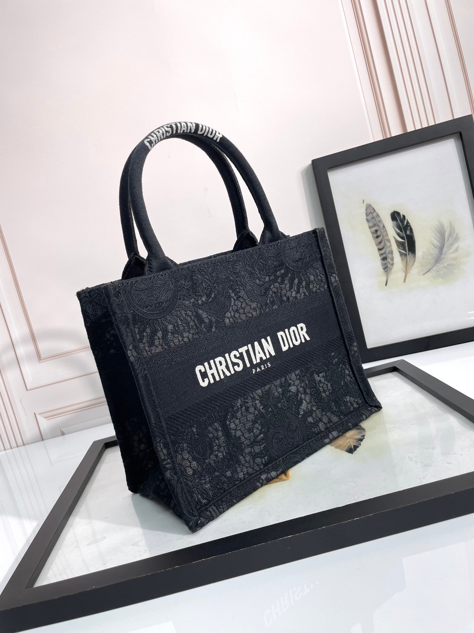 Dior Black Embroidered Canvas Book Tote Bag Vintage Pattern Handbag