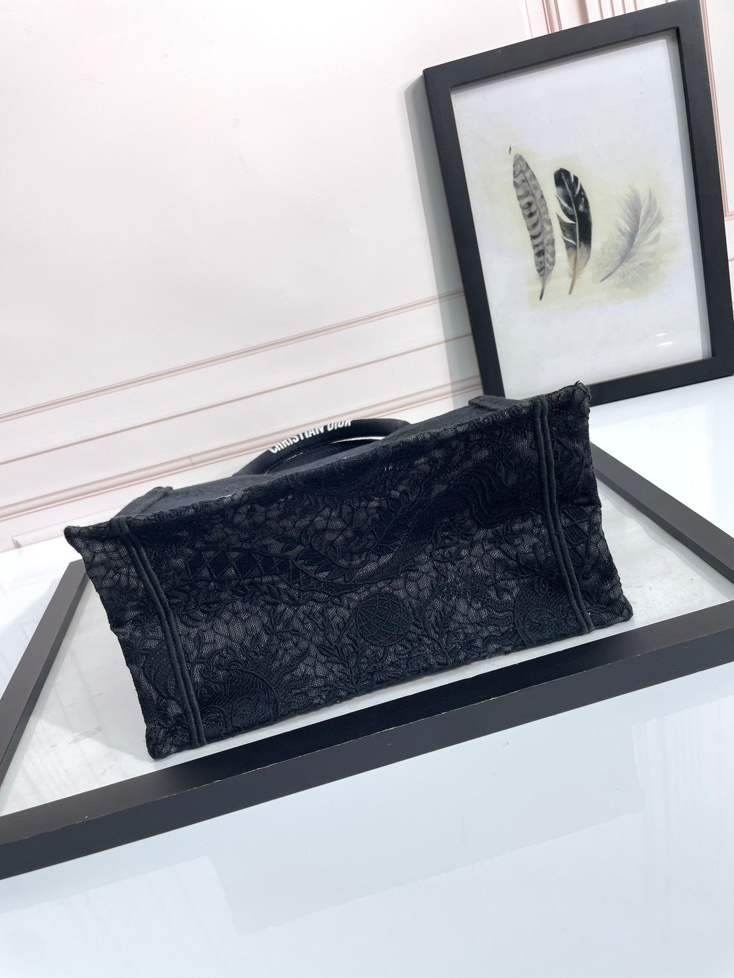 Dior Classic Black Embroidered Pattern Canvas Tote Bag with Top Handle