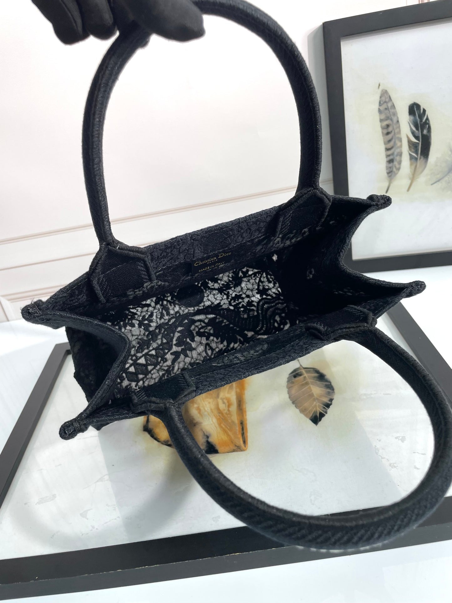 Dior Classic Black Embroidered Pattern Canvas Tote Bag with Top Handle