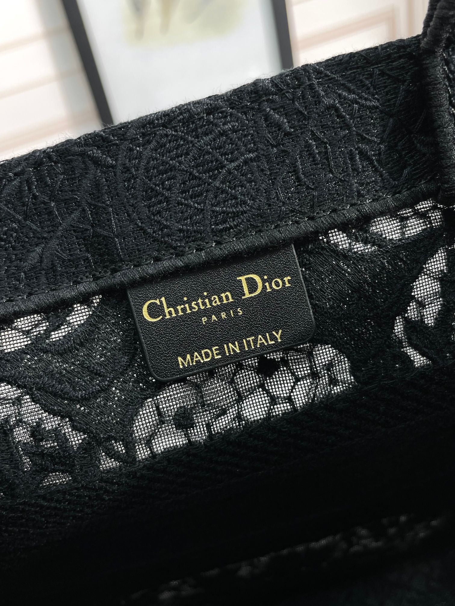 Dior Classic Black Embroidered Pattern Canvas Tote Bag with Top Handle