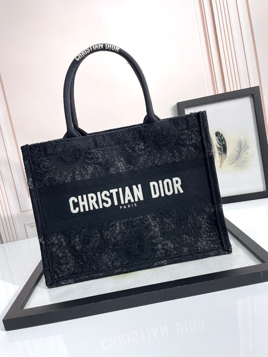 Christian Dior Book Tote - Black Embroidered Canvas Handbag