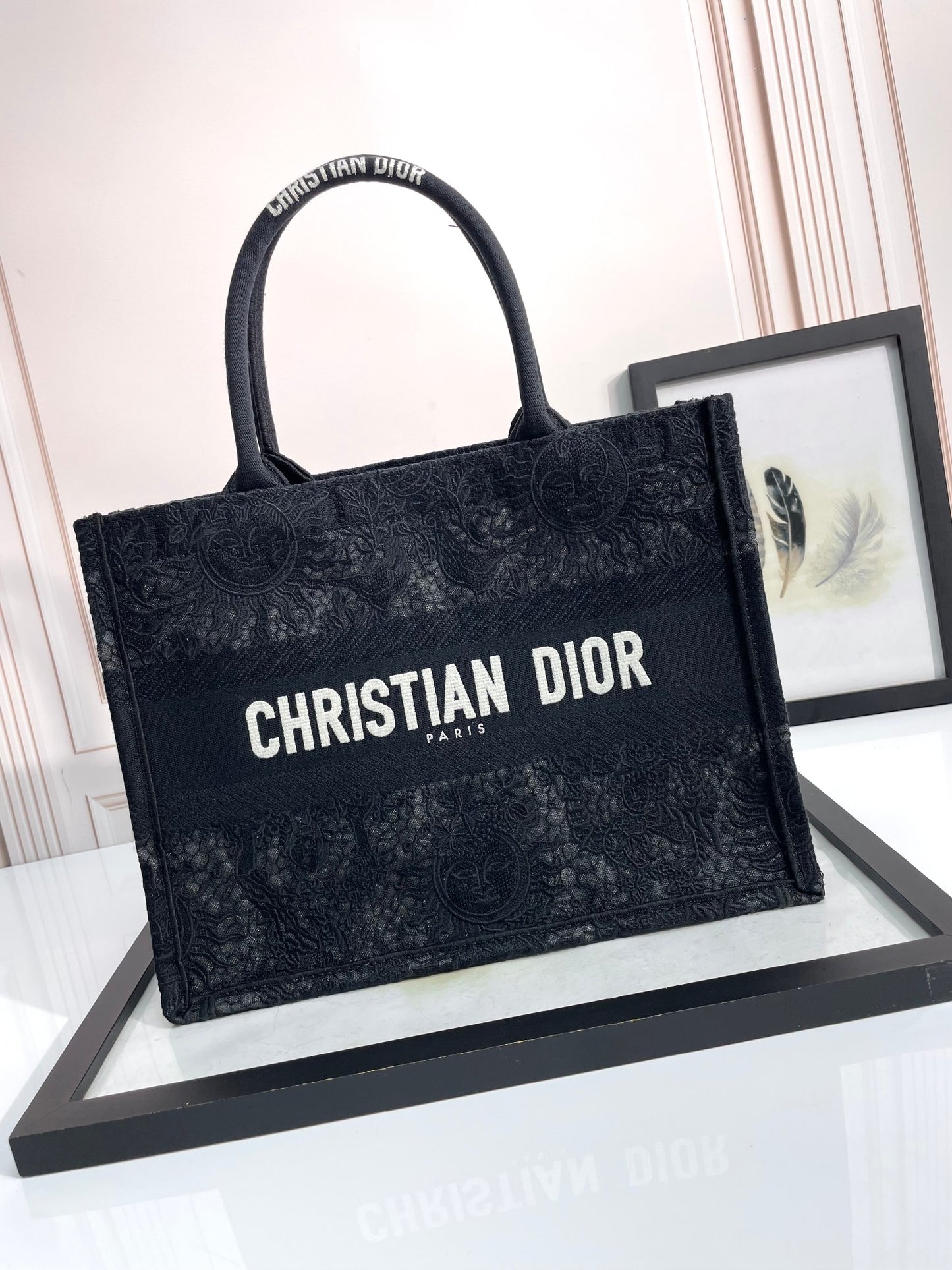 Dior Black Floral Lace Embroidered Canvas Tote Bag with Top Handles
