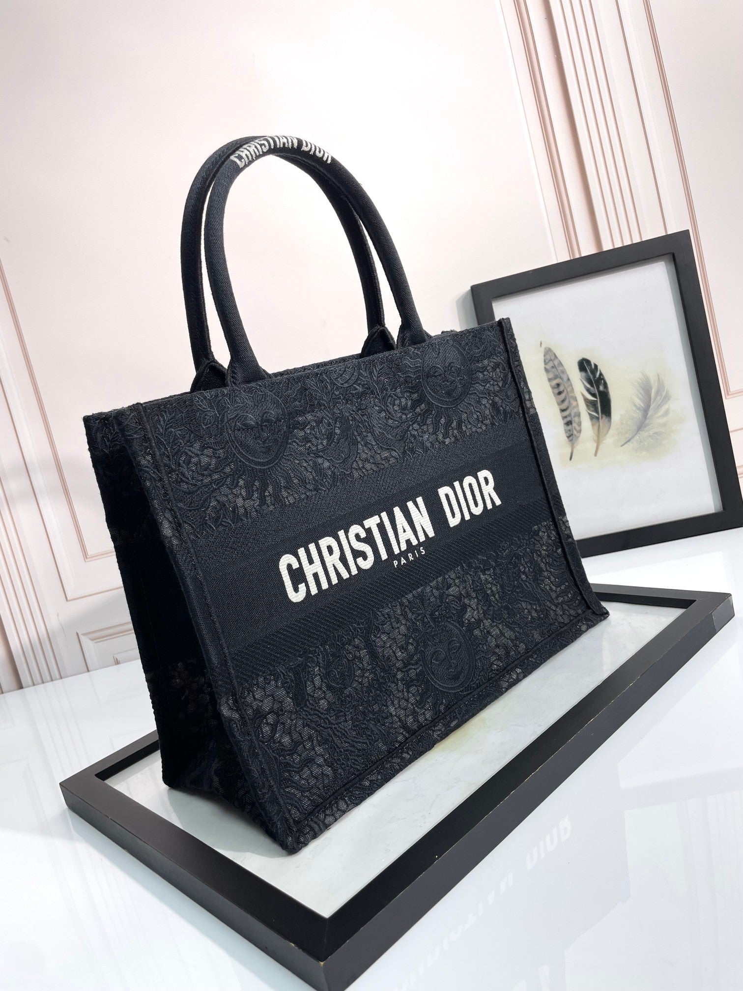 Dior Black Floral Lace Embroidered Canvas Tote Bag with Top Handles