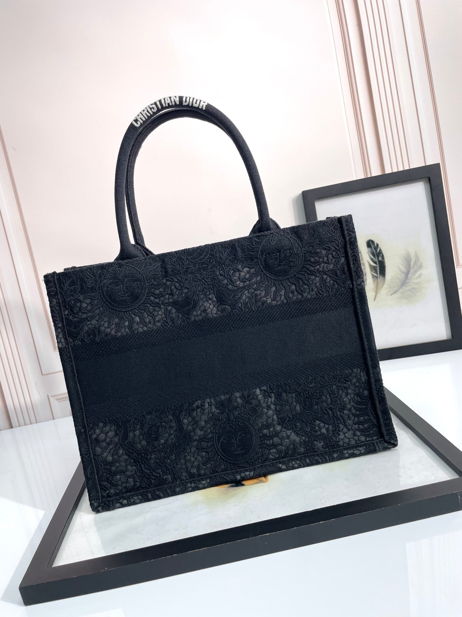 Dior Black Lace Floral Embroidered Canvas Top Handle Tote Bag