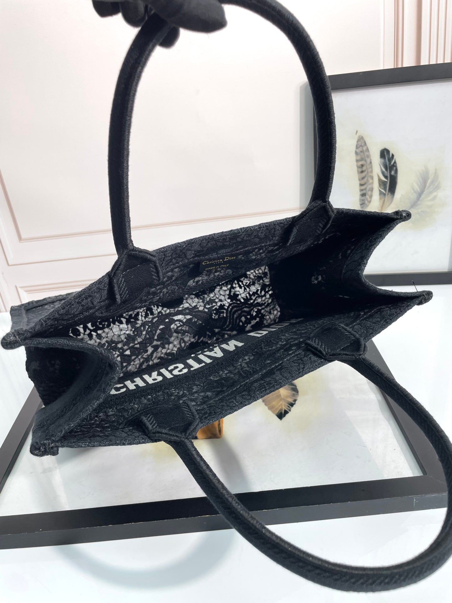 Dior Black Floral Lace Embroidered Canvas Tote Bag with Top Handles
