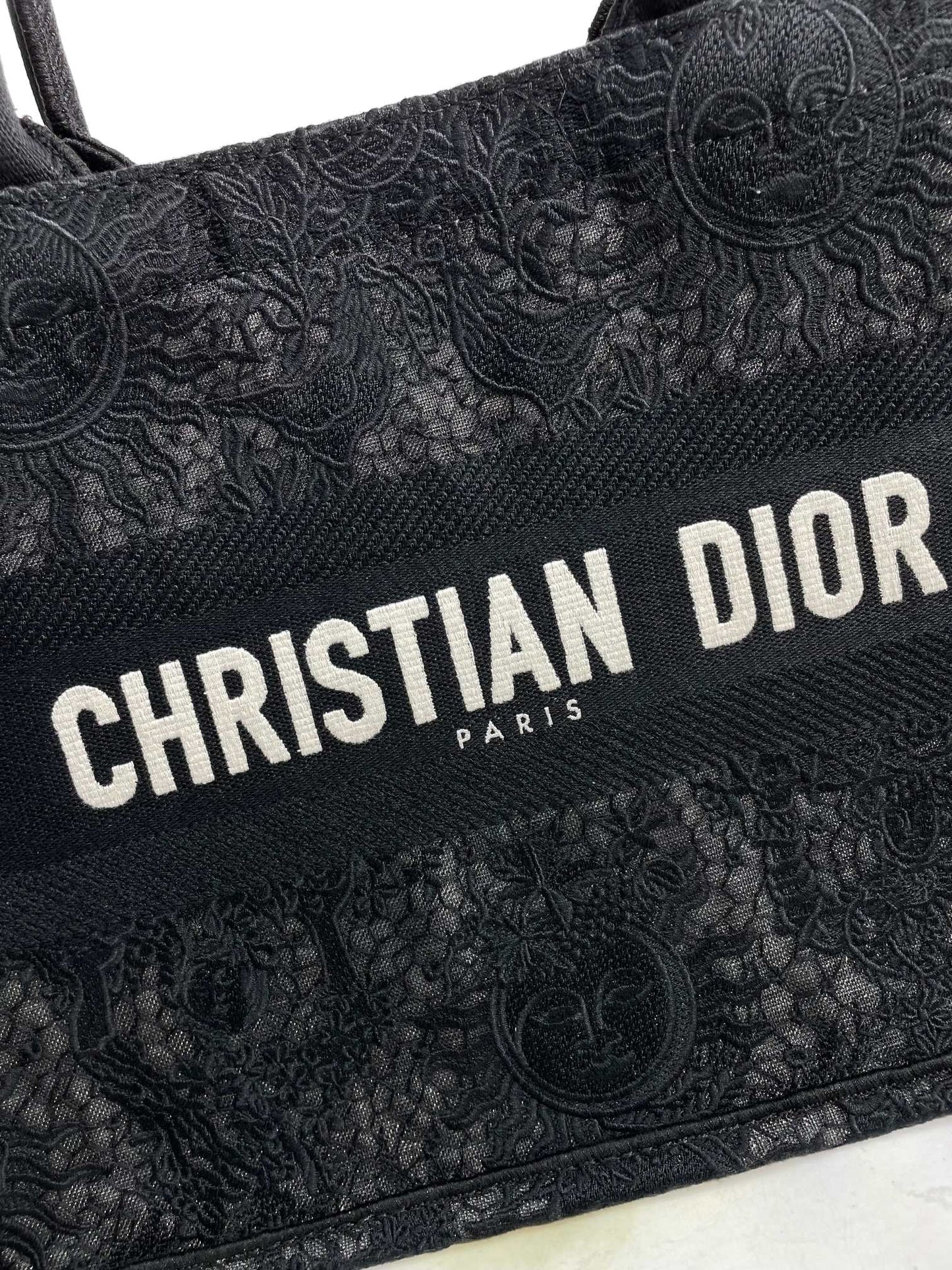 Dior Black Lace Floral Embroidered Canvas Top Handle Tote Bag