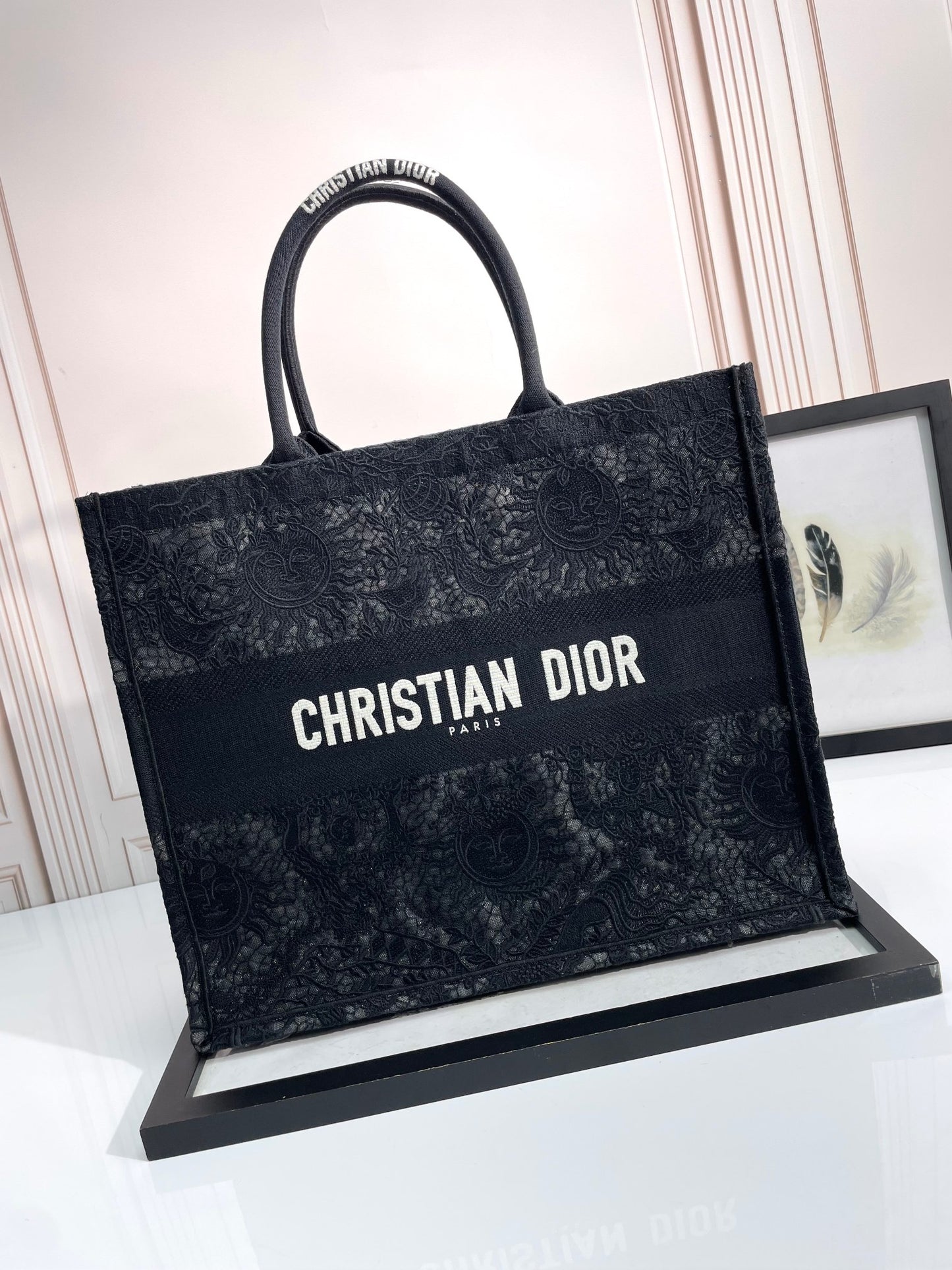 Dior Black Embroidered Canvas Tote Bag Luxury Floral Pattern Top Handle Handbag