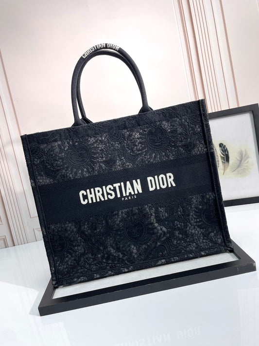 Dior Luxury Black Embroidered Jacquard Canvas Large Tote Handbag