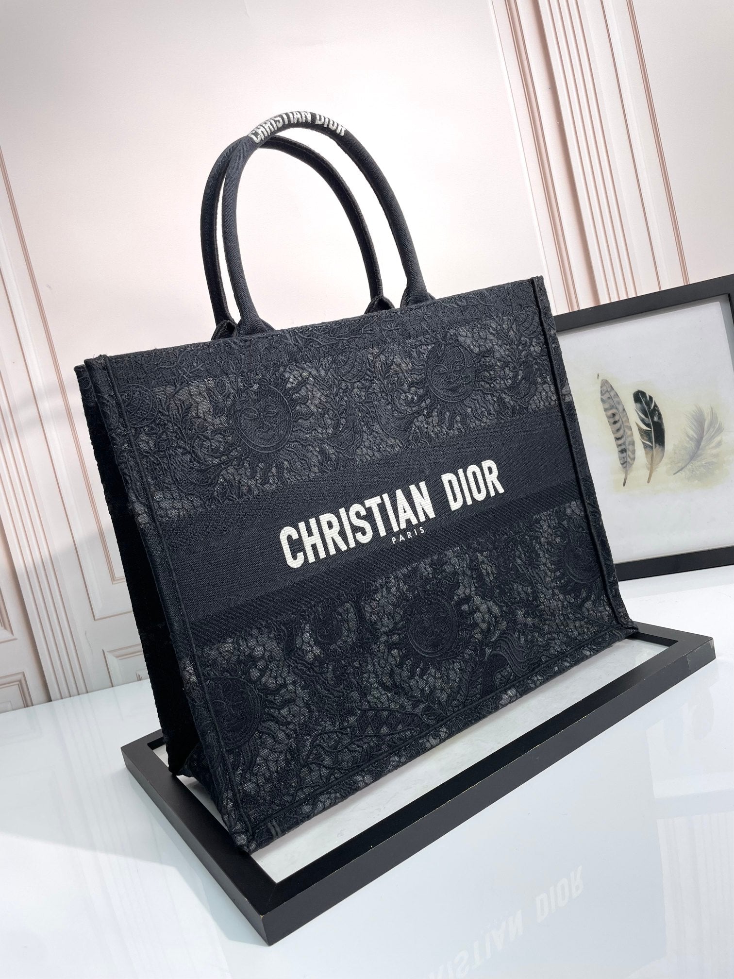Dior Luxury Black Embroidered Jacquard Canvas Large Tote Handbag