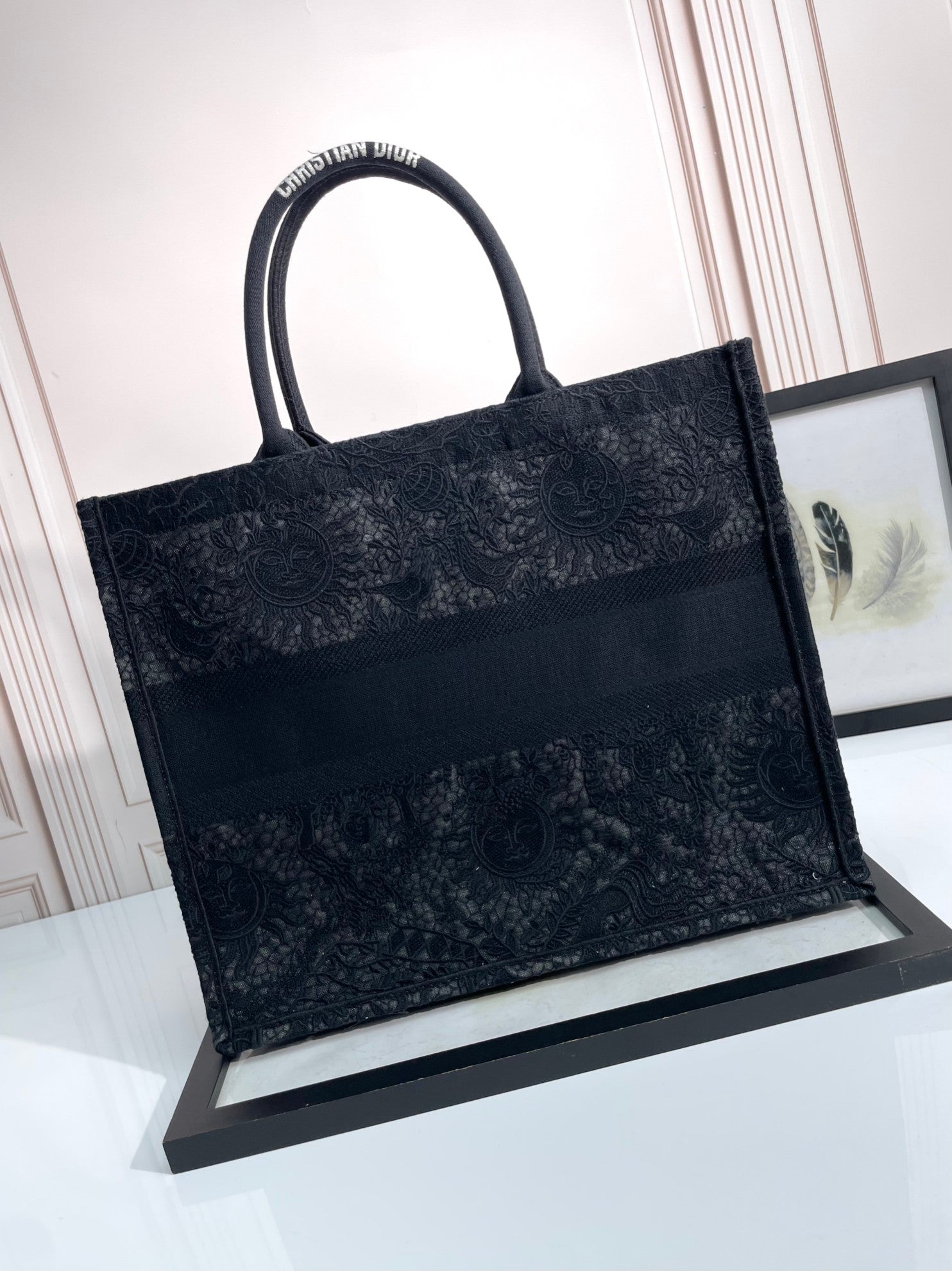 Dior Black Embroidered Canvas Tote Bag Luxury Floral Pattern Top Handle Handbag