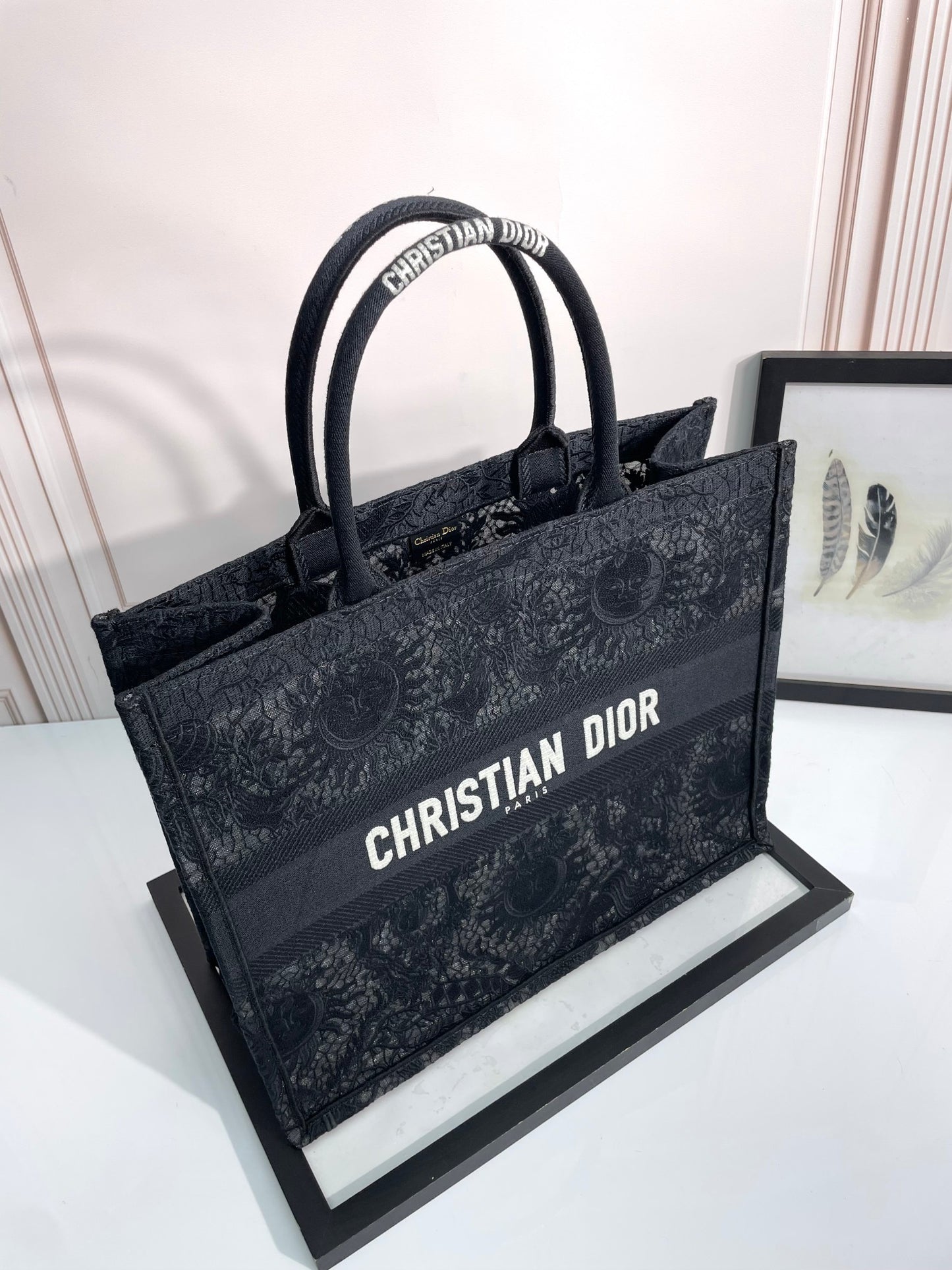 Dior Luxury Black Embroidered Jacquard Canvas Large Tote Handbag