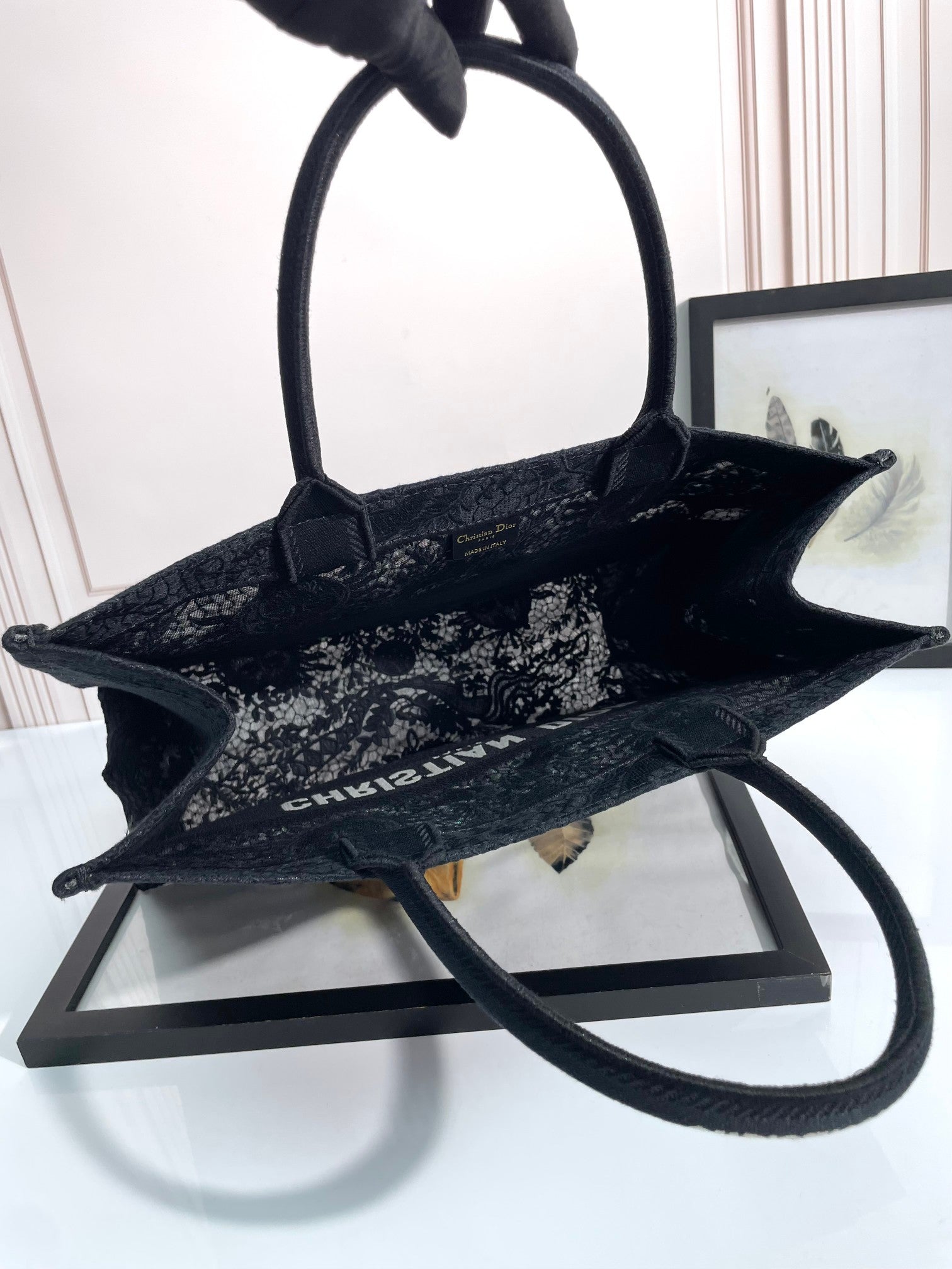Dior Luxury Black Embroidered Jacquard Canvas Large Tote Handbag