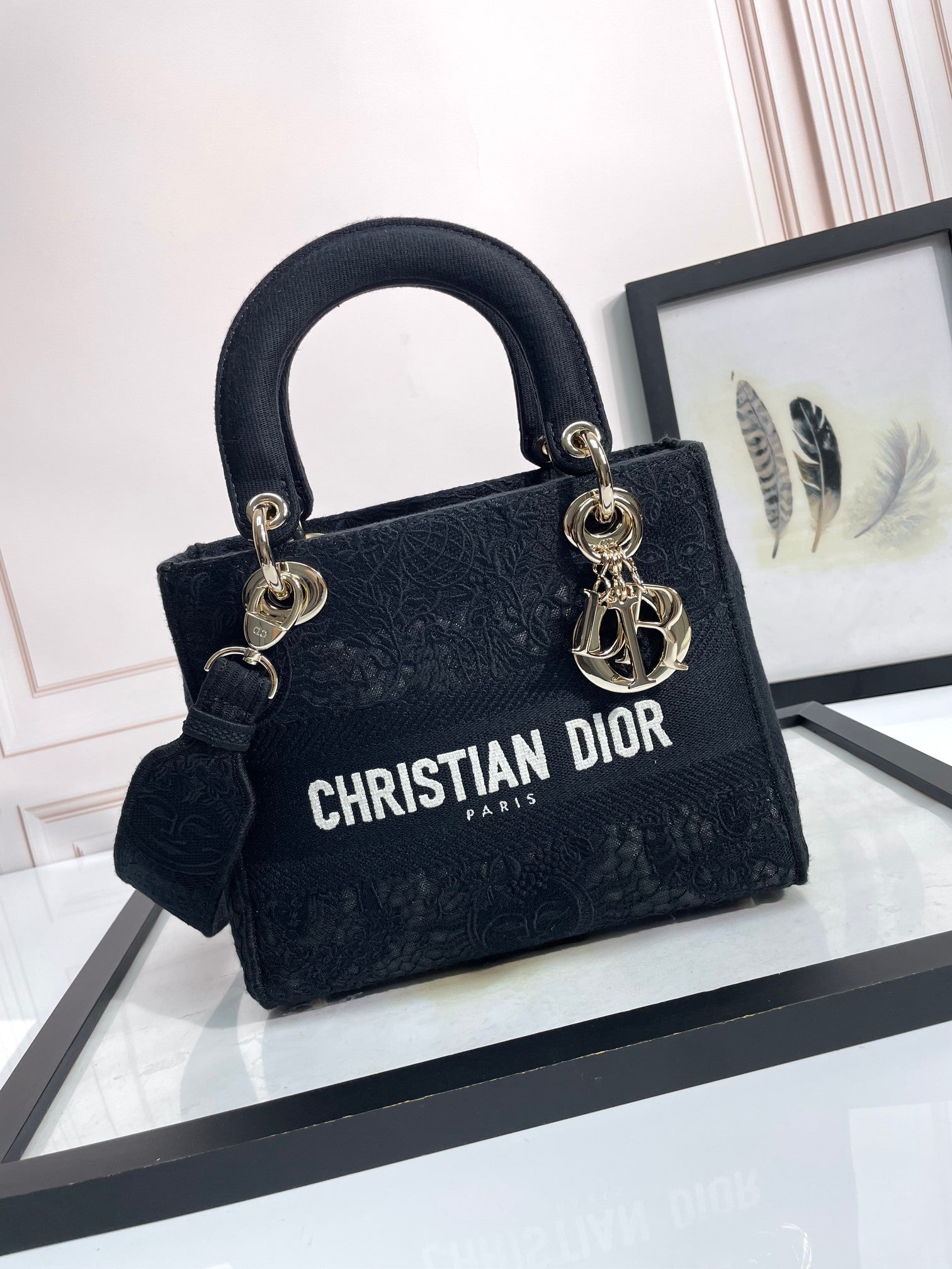 Dior Black Embroidered Canvas Top Handle Handbag with Shoulder Strap