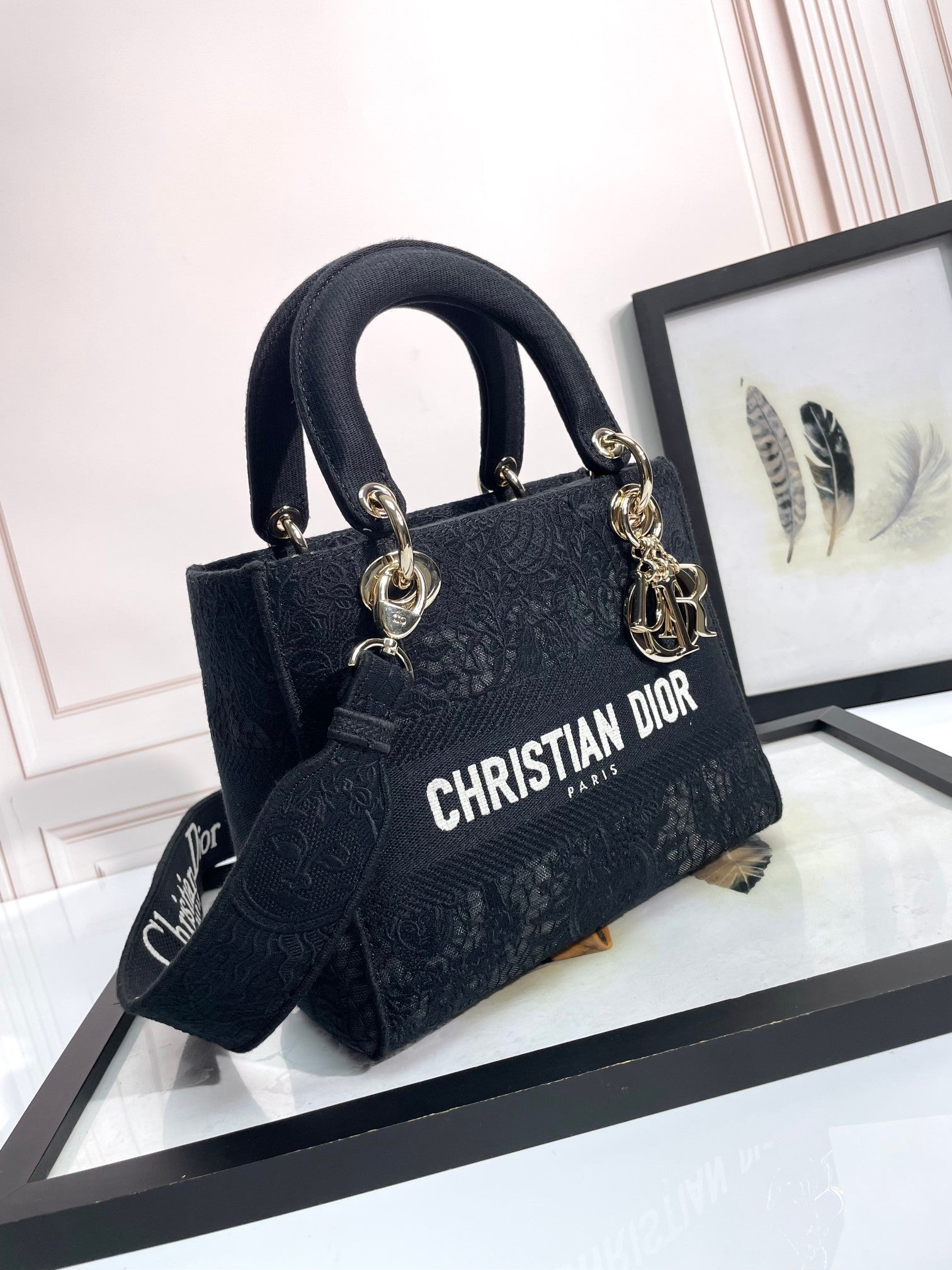 Christian Dior Lady D-Lite Bag - Black Embroidered Canvas