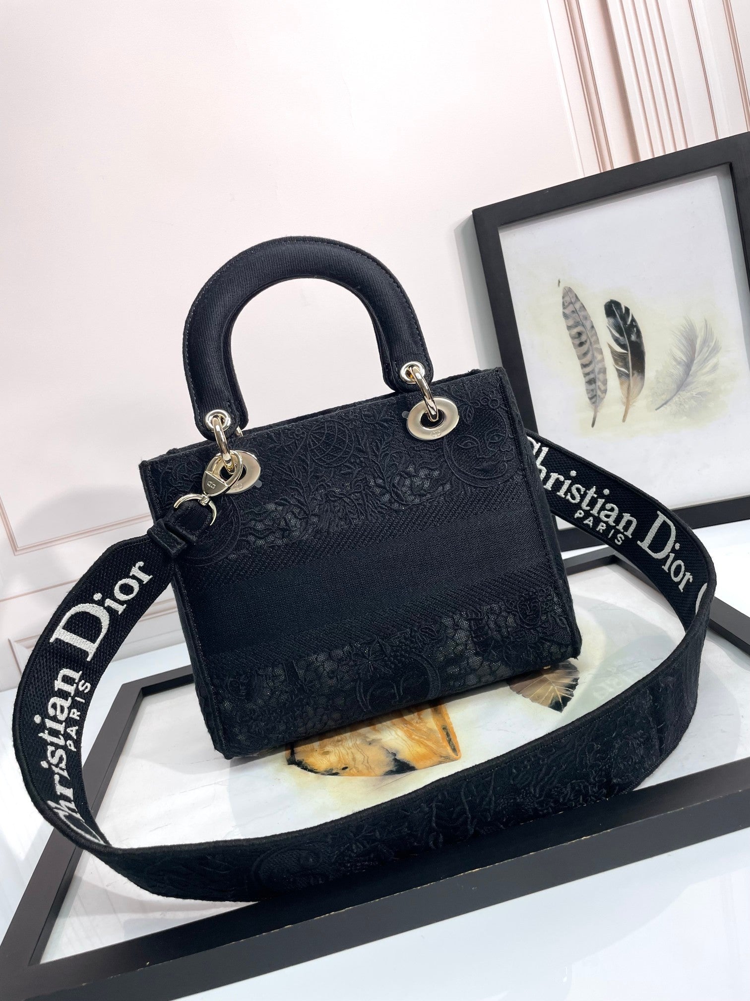 Dior Luxury Embroidered Navy Blue Canvas Top Handle Bag with Strap