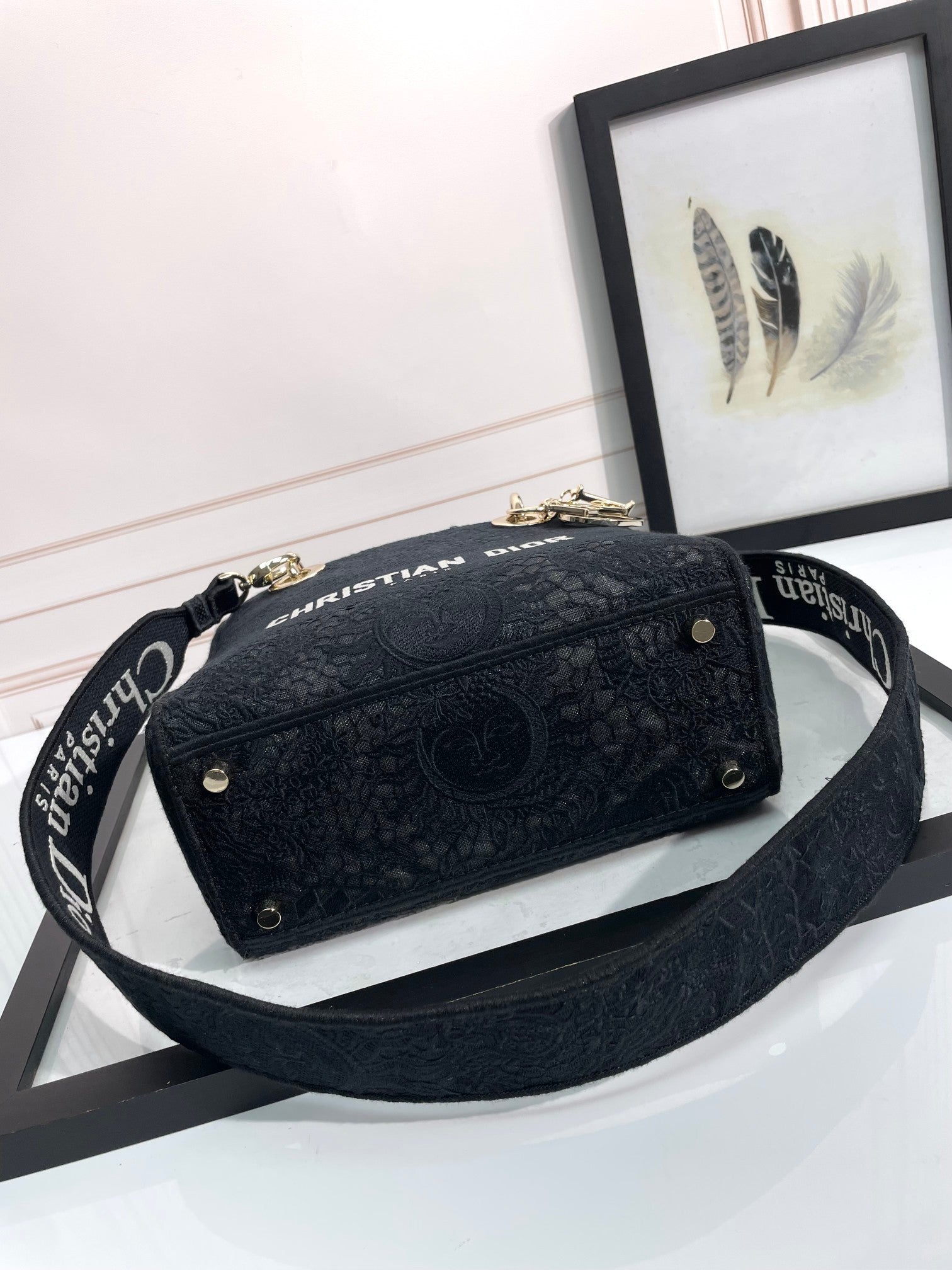 Dior Black Embroidered Canvas Top Handle Tote Bag with Strap