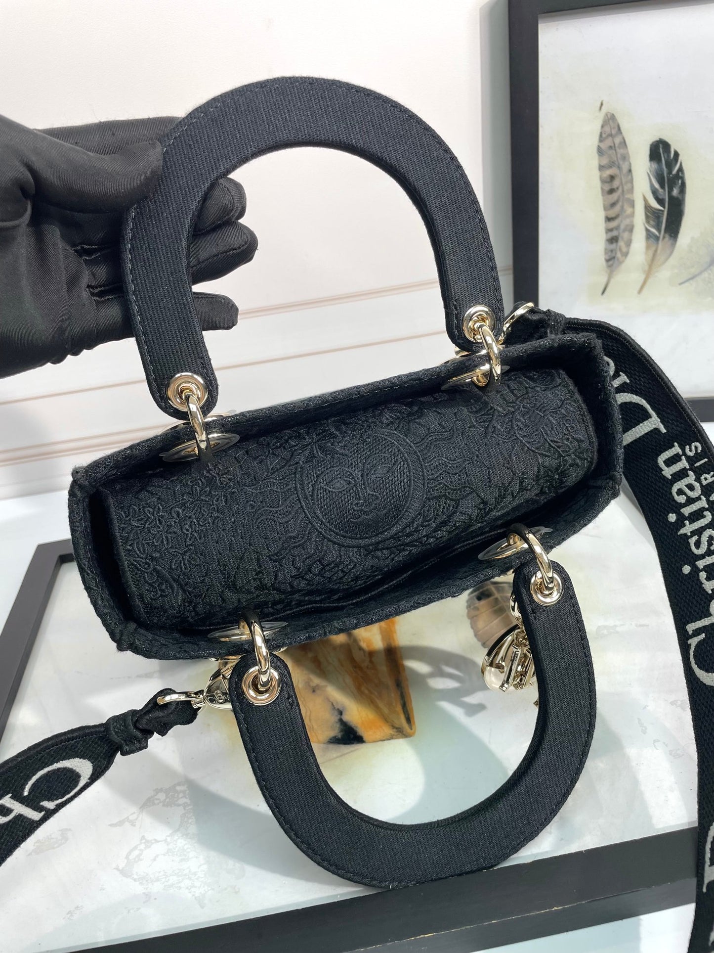 Dior Luxury Embroidered Navy Blue Canvas Top Handle Bag with Strap