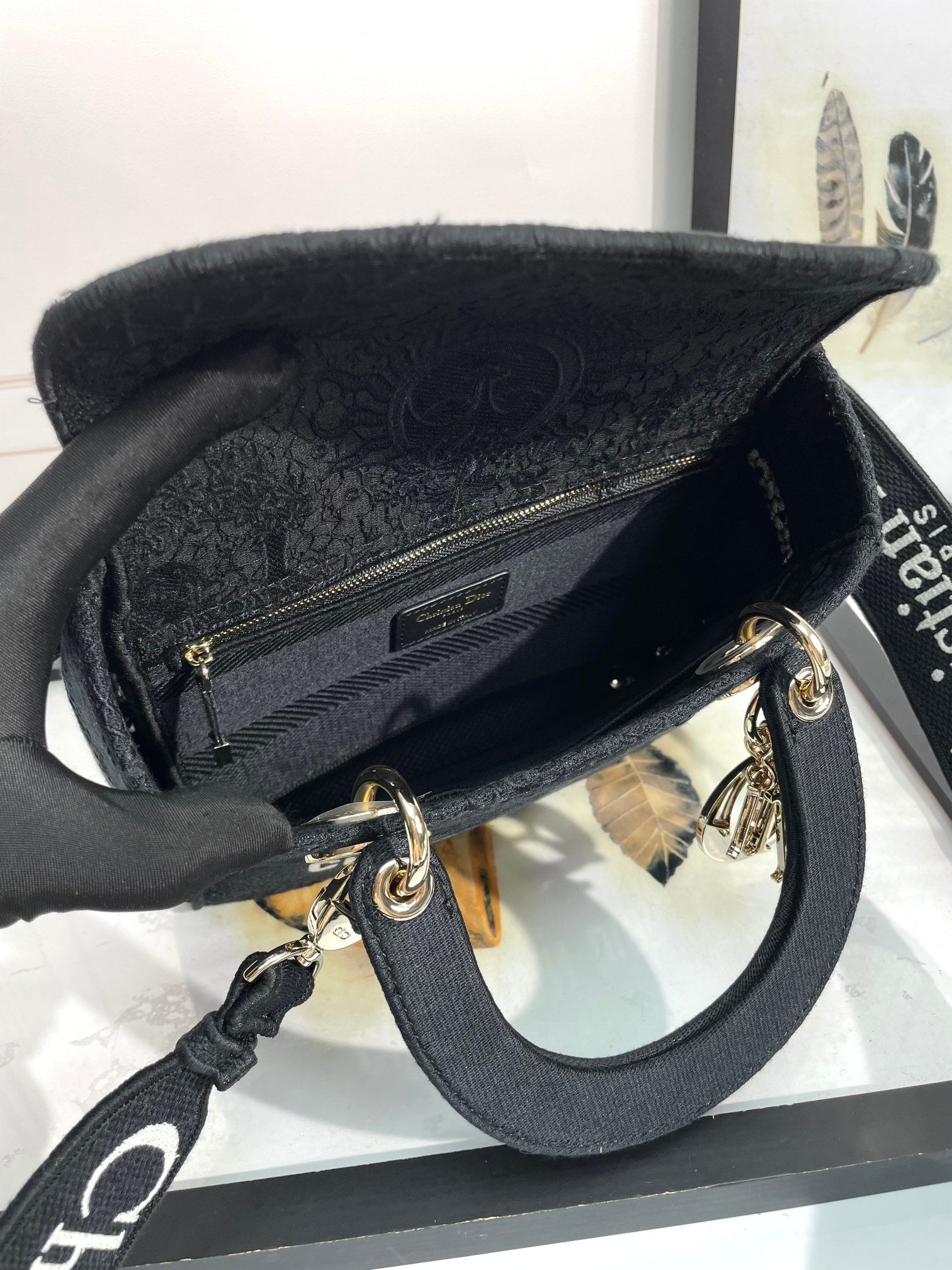 Dior Black Floral Embroidered Canvas Shoulder Bag with Top Handle