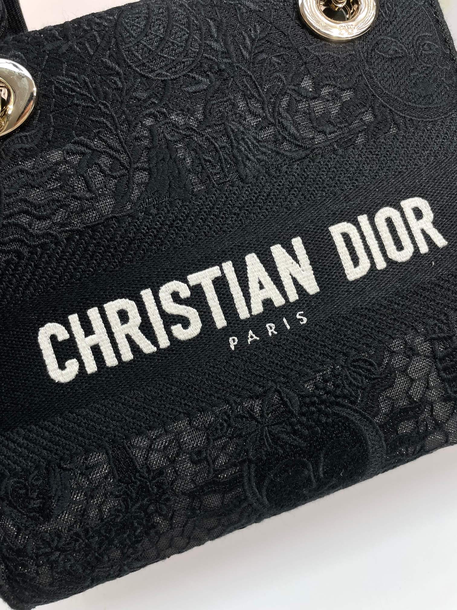 Dior Black Embroidered Canvas Top Handle Handbag with Shoulder Strap