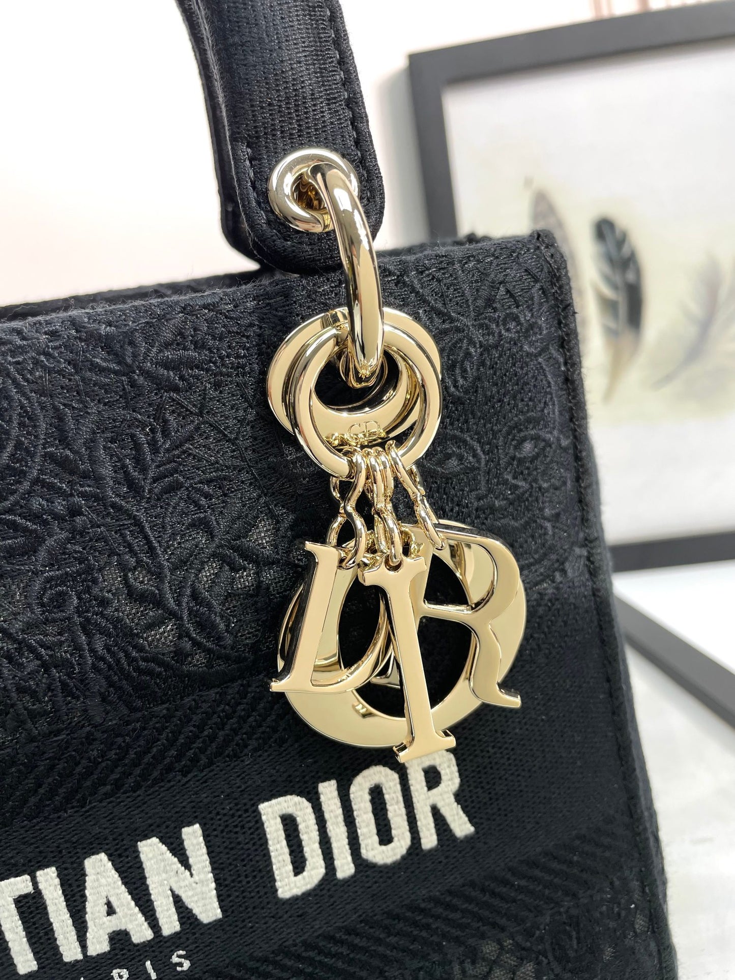 Dior Black Floral Embroidered Canvas Shoulder Bag with Top Handle
