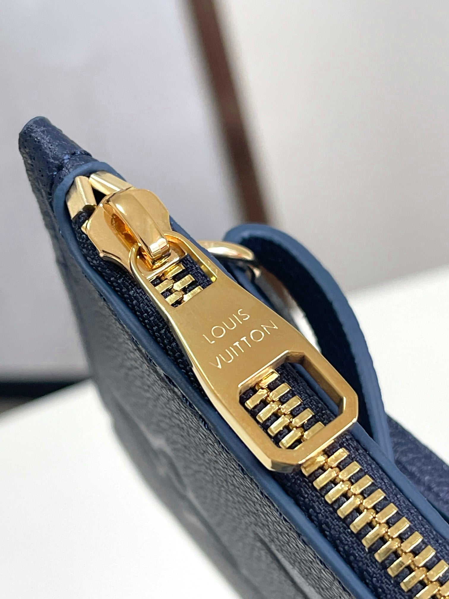 Louis Vuitton Classic Navy Blue Embossed Leather Tote Bag with Matching Pouch