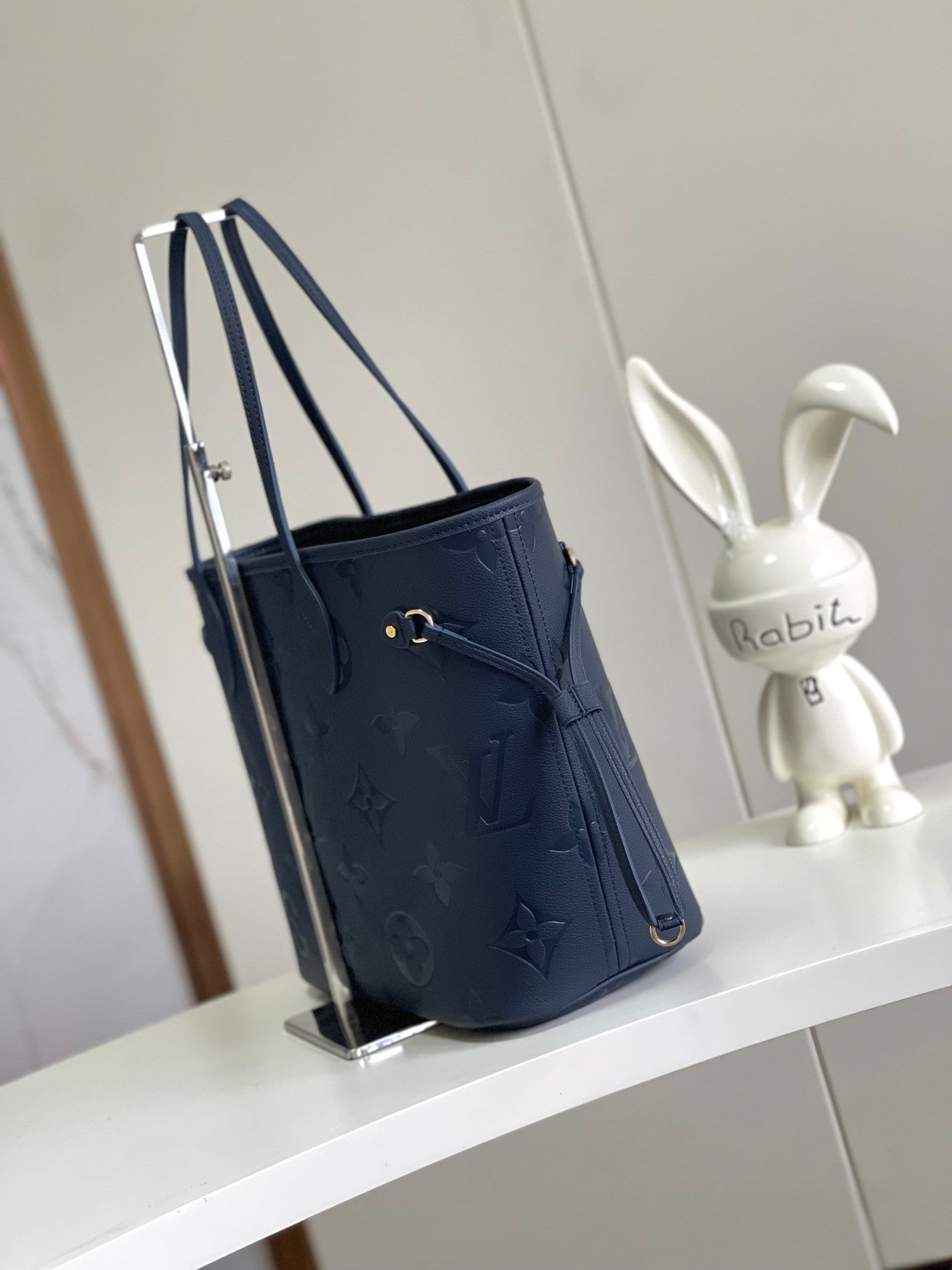 Louis Vuitton Classic Navy Blue Embossed Leather Tote Bag with Matching Pouch