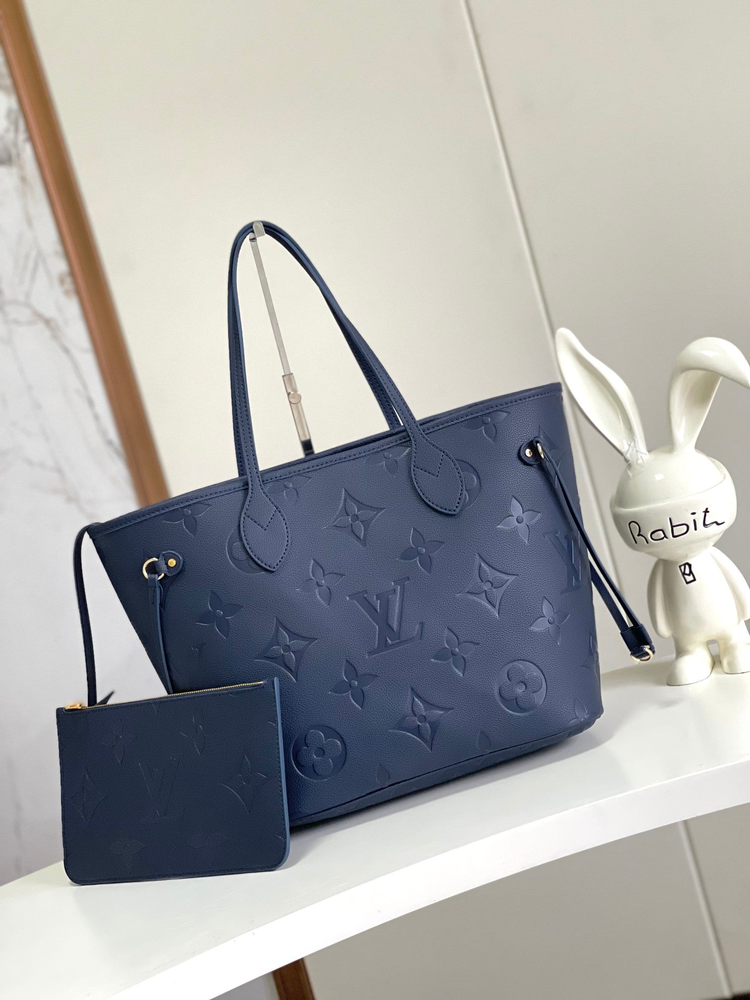 Louis Vuitton Classic Navy Blue Embossed Leather Tote Bag with Matching Pouch