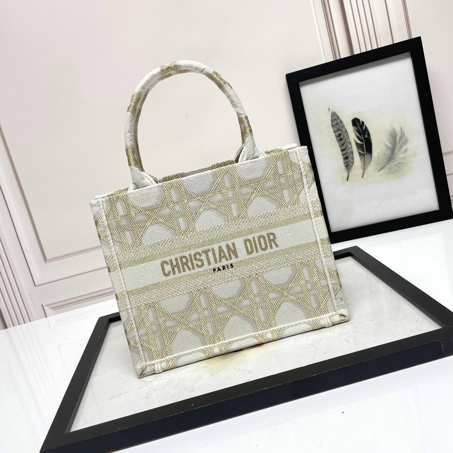 Dior Luxury Beige Embroidered Canvas Tote Bag with Top Handle