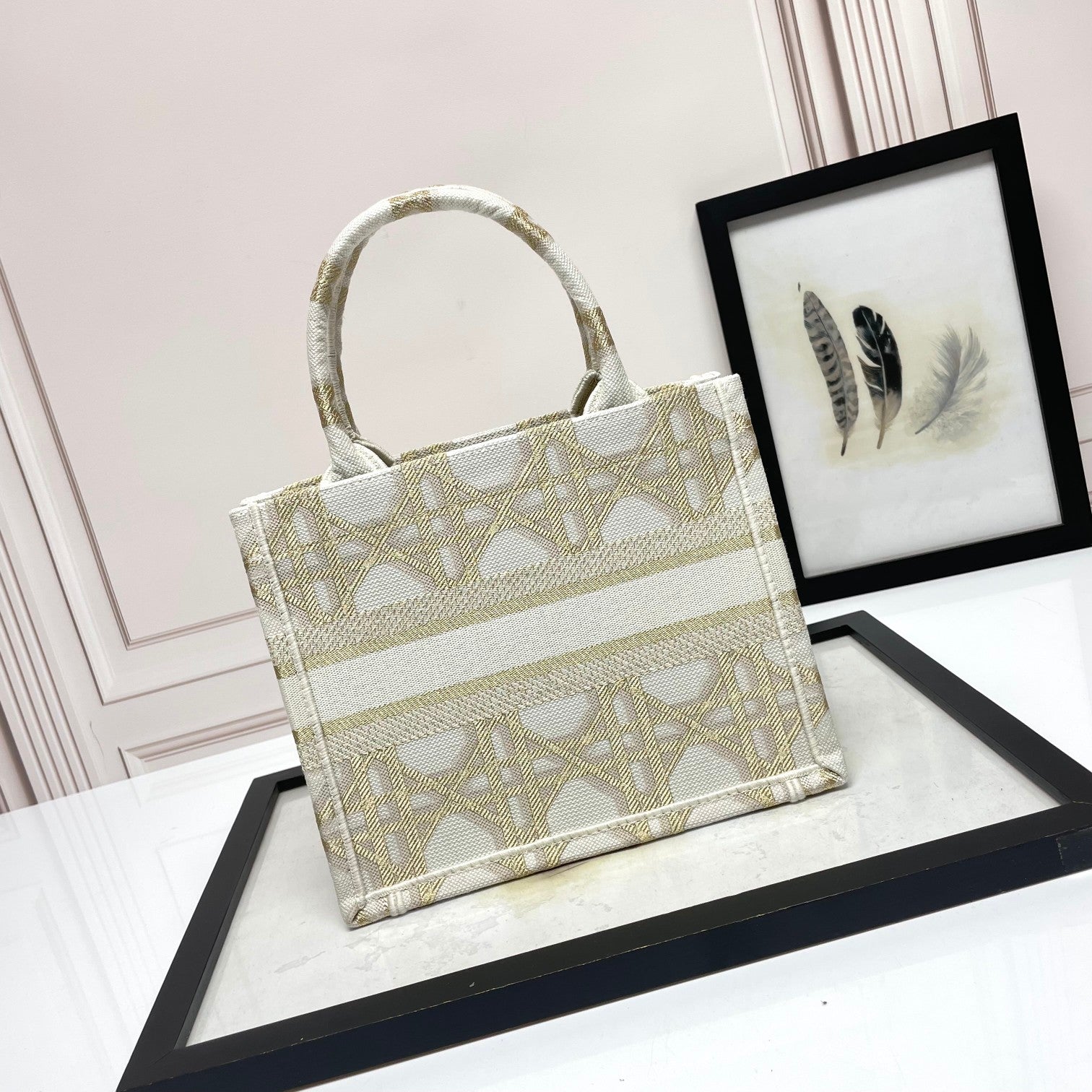 Dior Luxury Beige Embroidered Canvas Tote Bag with Top Handle