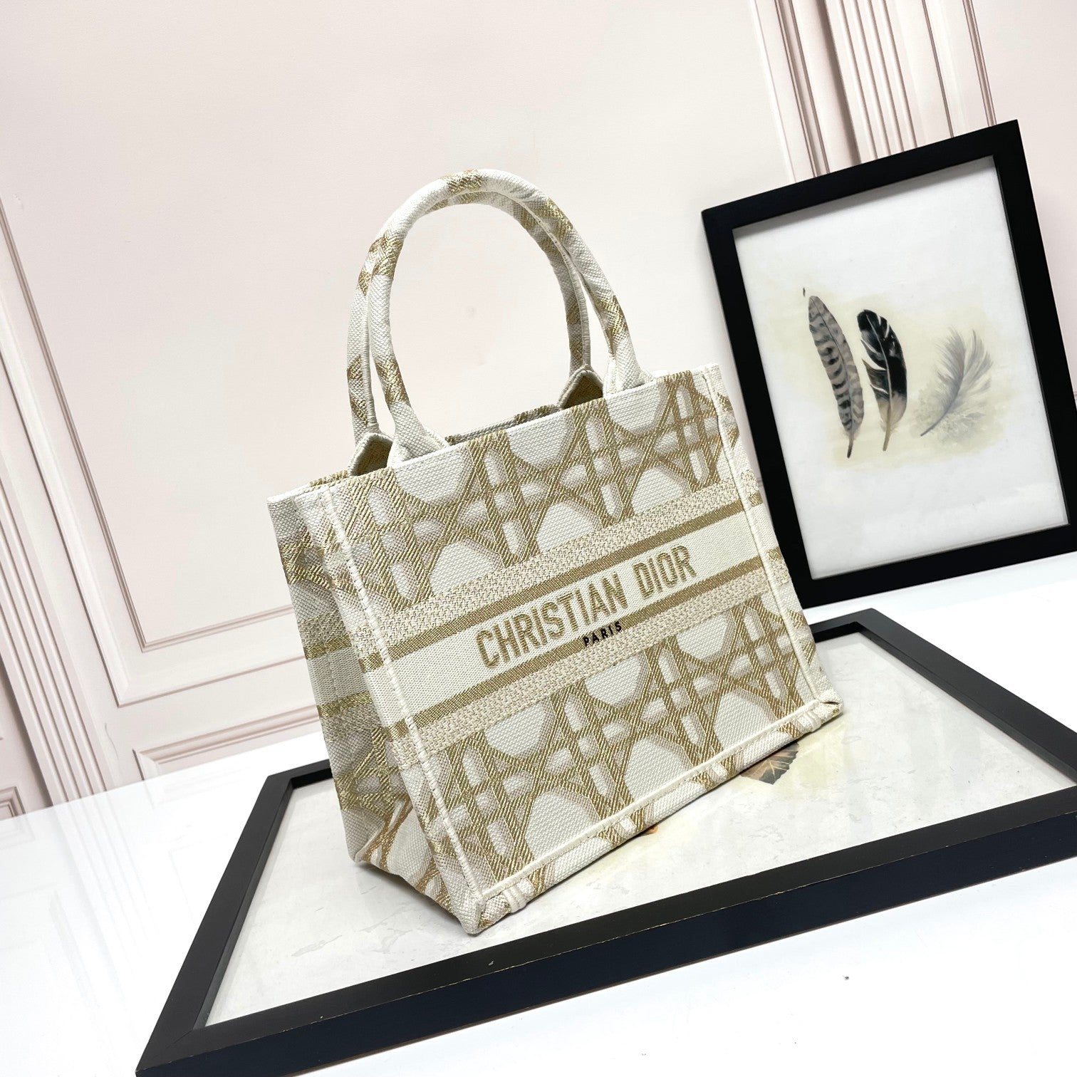Dior Elegant Cream and Gold Embroidered Canvas Structured Tote Bag