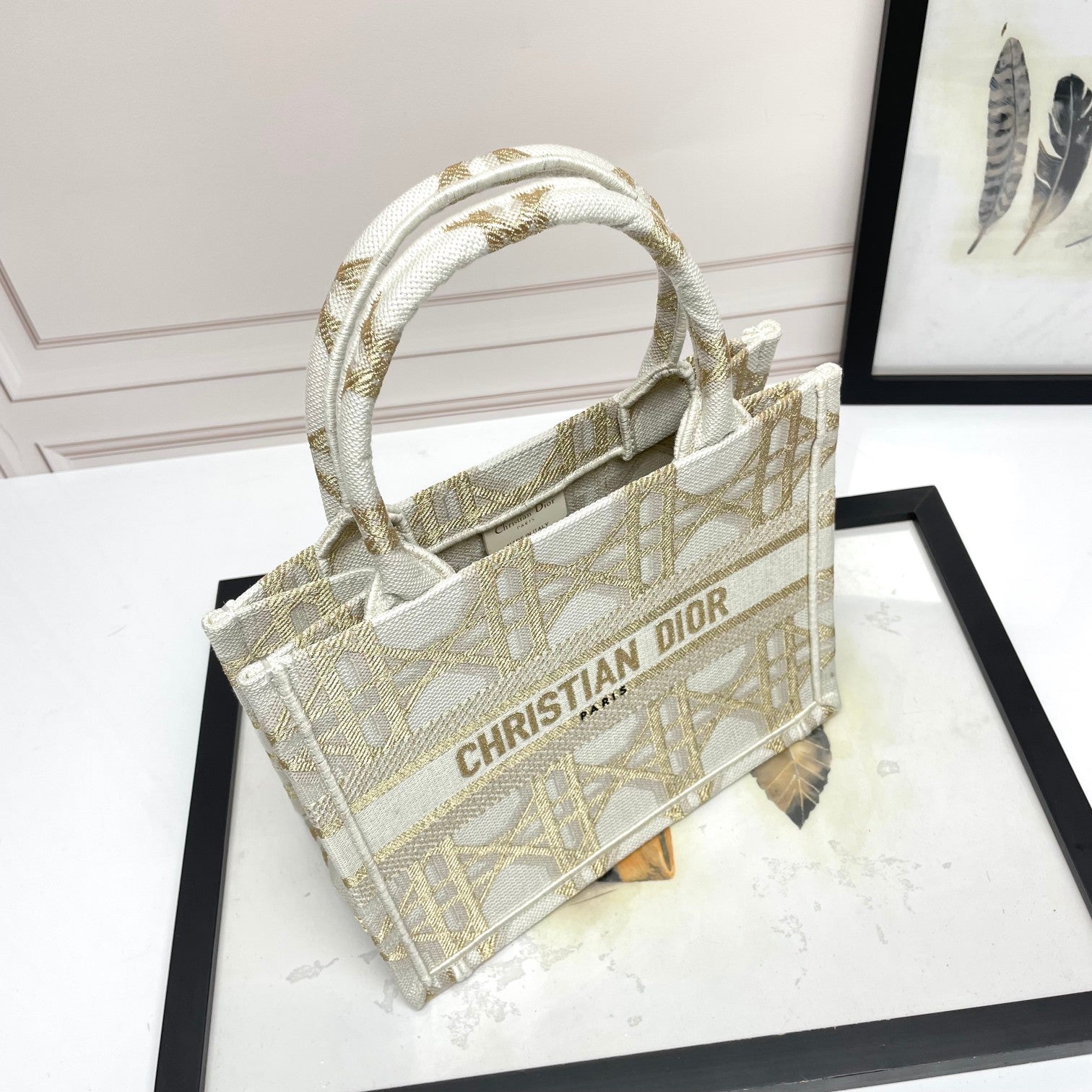 Dior Elegant Cream and Gold Embroidered Canvas Structured Tote Bag