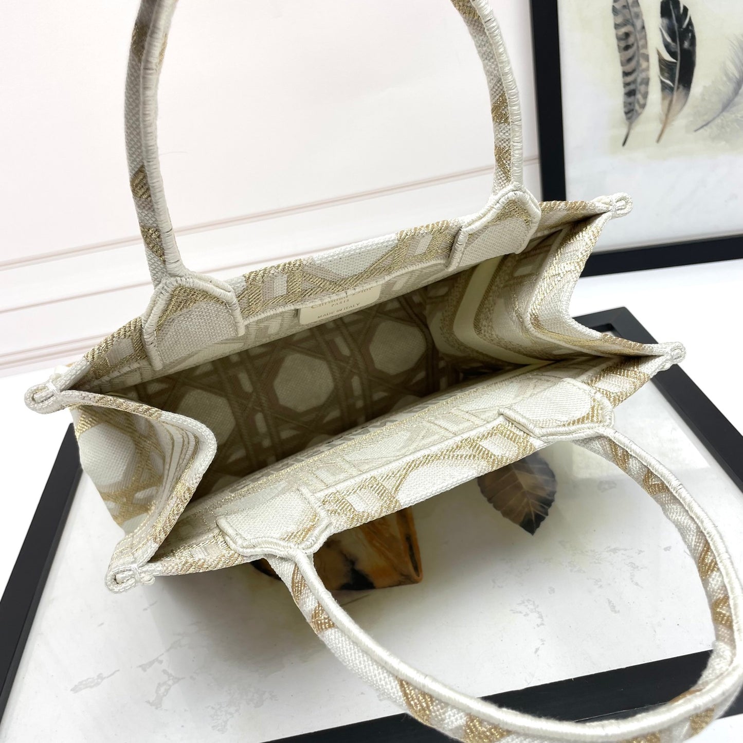 Dior Elegant Cream and Gold Embroidered Canvas Structured Tote Bag