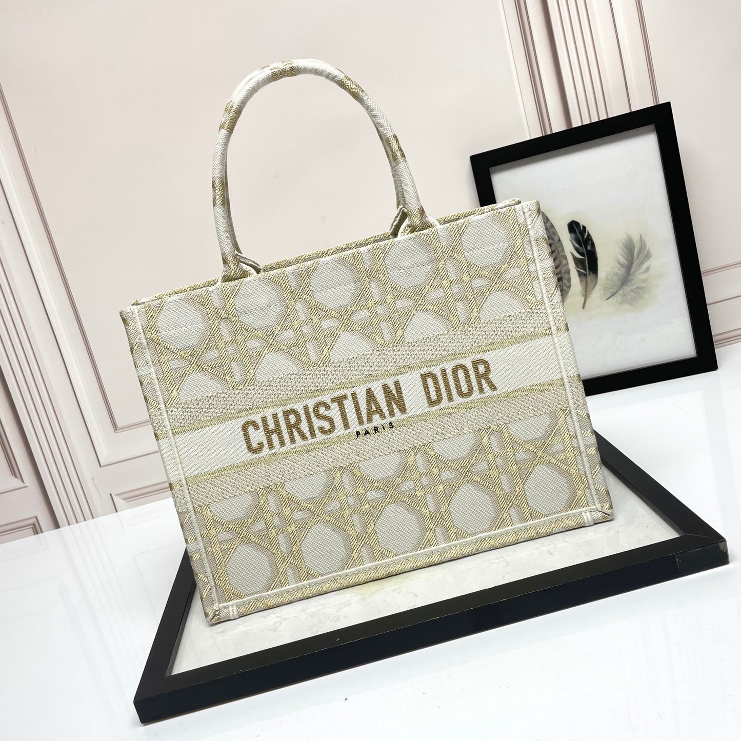 Dior Elegant Beige and Gold Embroidered Pattern Canvas Tote Bag