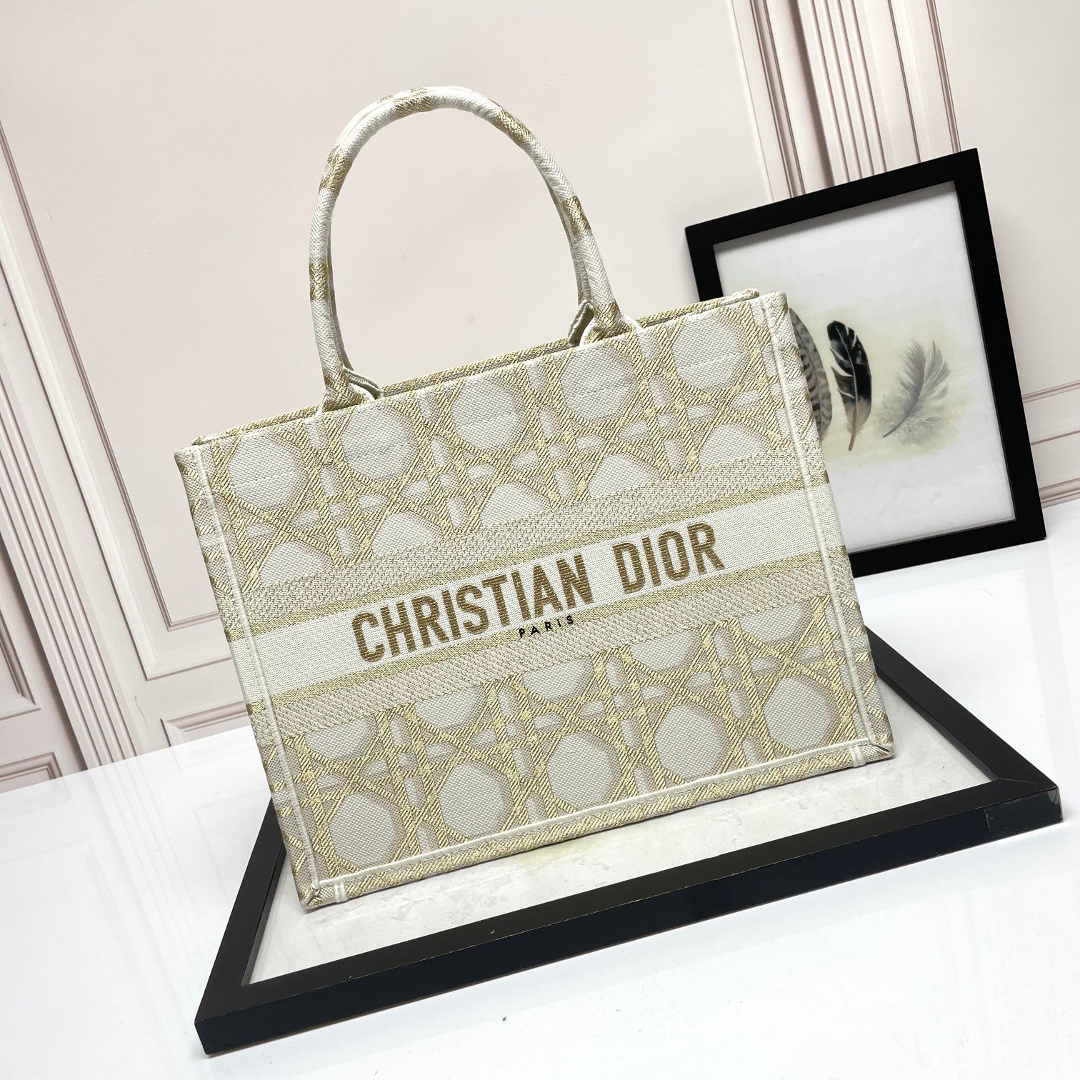 Dior Elegant Beige and Gold Embroidered Pattern Canvas Tote Bag