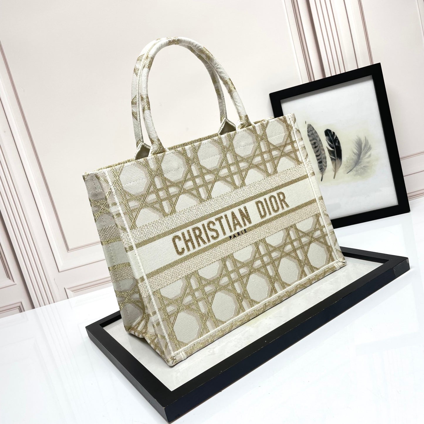 Dior Elegant Beige and Gold Embroidered Pattern Canvas Tote Bag