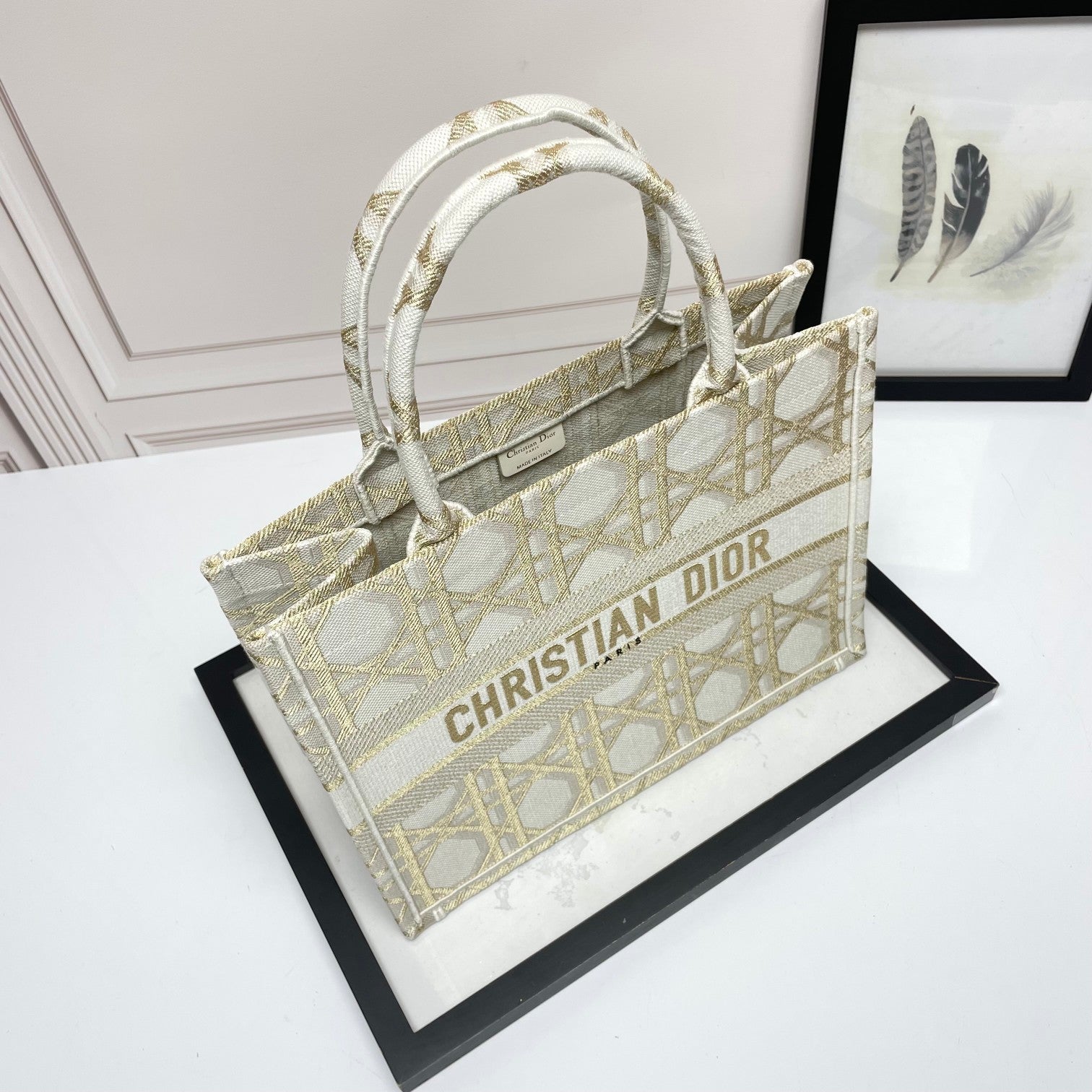 Dior Elegant Beige and Gold Embroidered Pattern Canvas Tote Bag