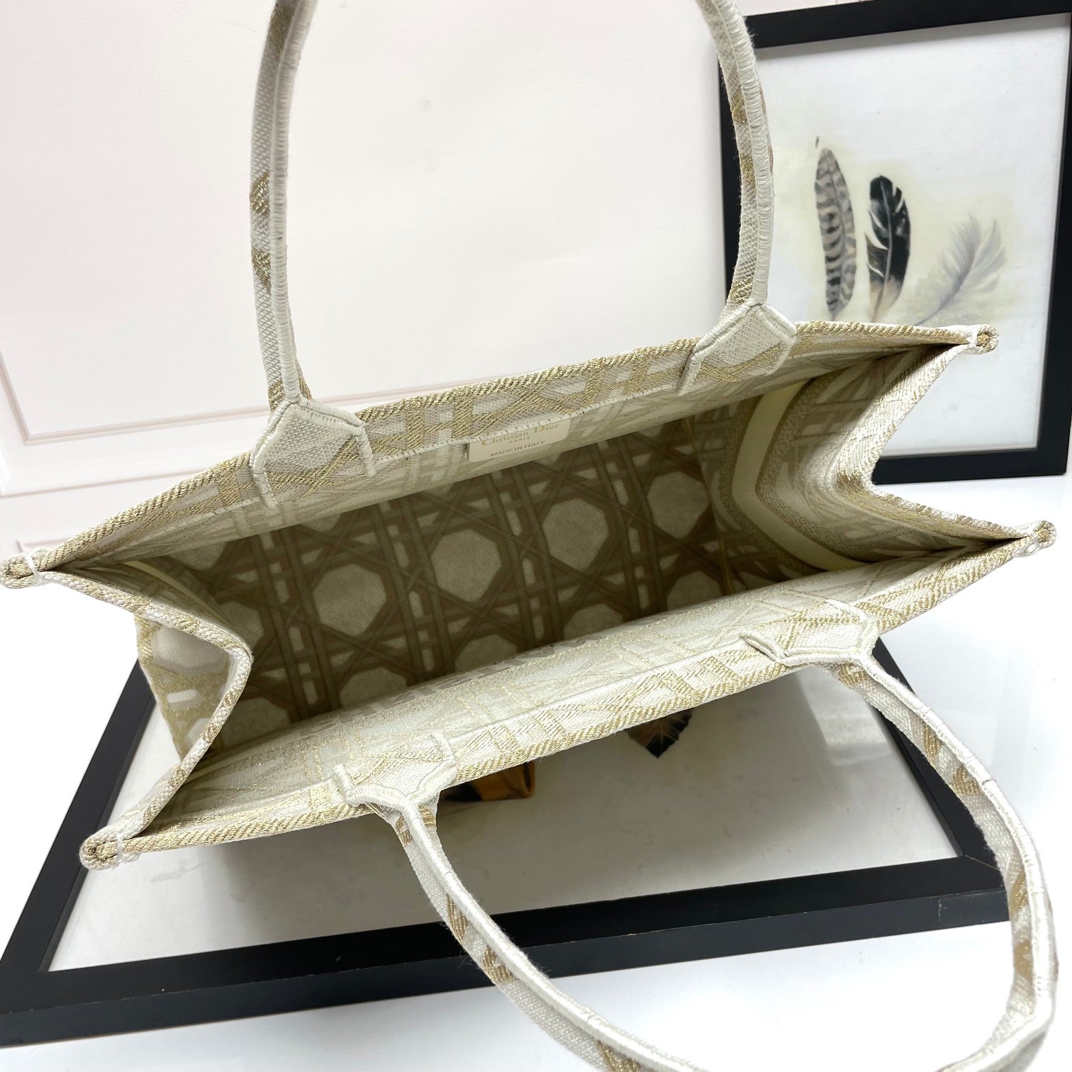 Dior Elegant Beige Embroidered Canvas Tote Bag Luxury Top Handle Handbag
