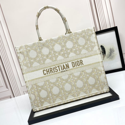 Dior Beige Embroidered Canvas Tote Bag with Geometric Pattern