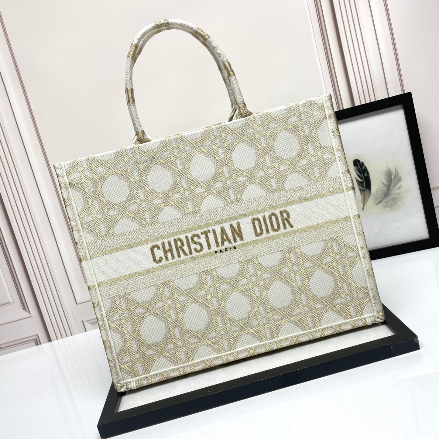 Dior Structured Beige Canvas Tote Bag with Embroidered Geometric Pattern