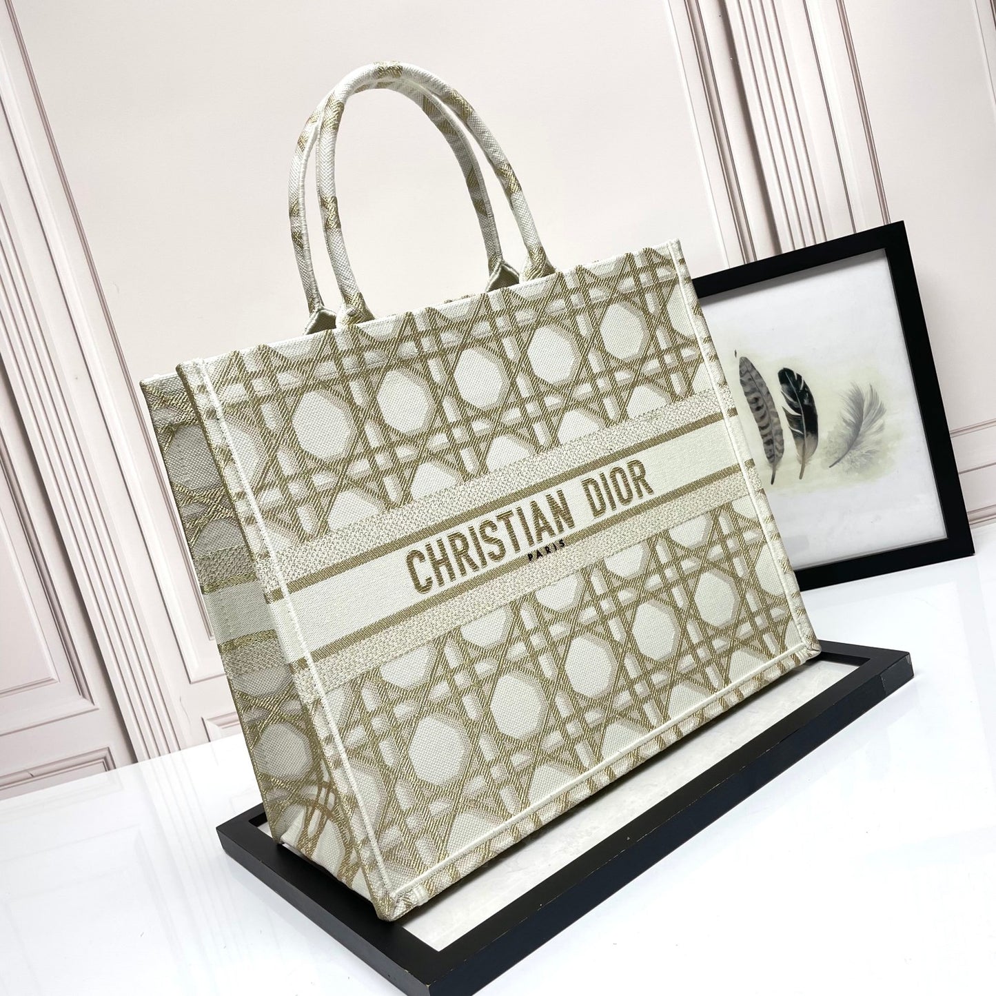 Dior Beige Embroidered Canvas Tote Bag with Geometric Pattern