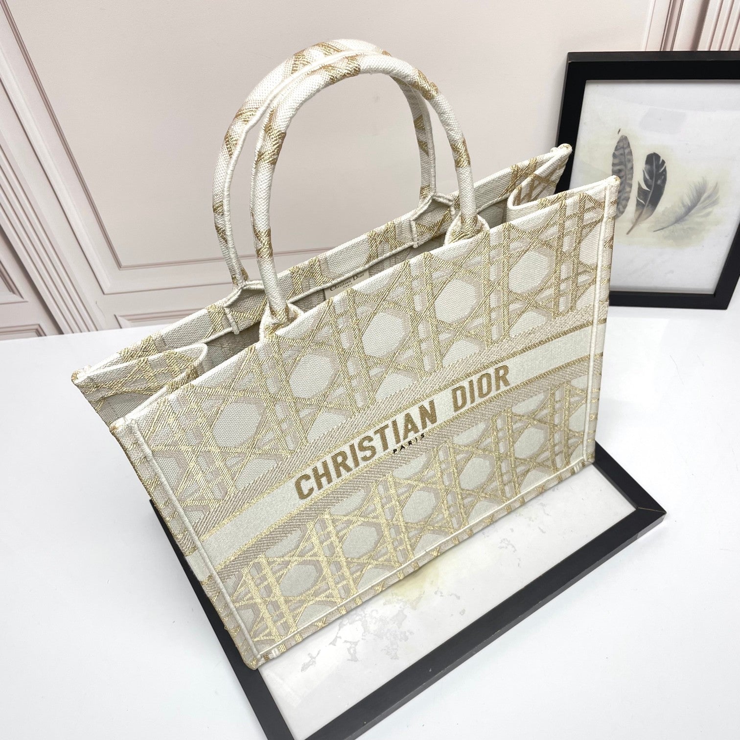 Christian Dior Book Tote Medium Bag in Beige and White Embroidered Cannage Canvas